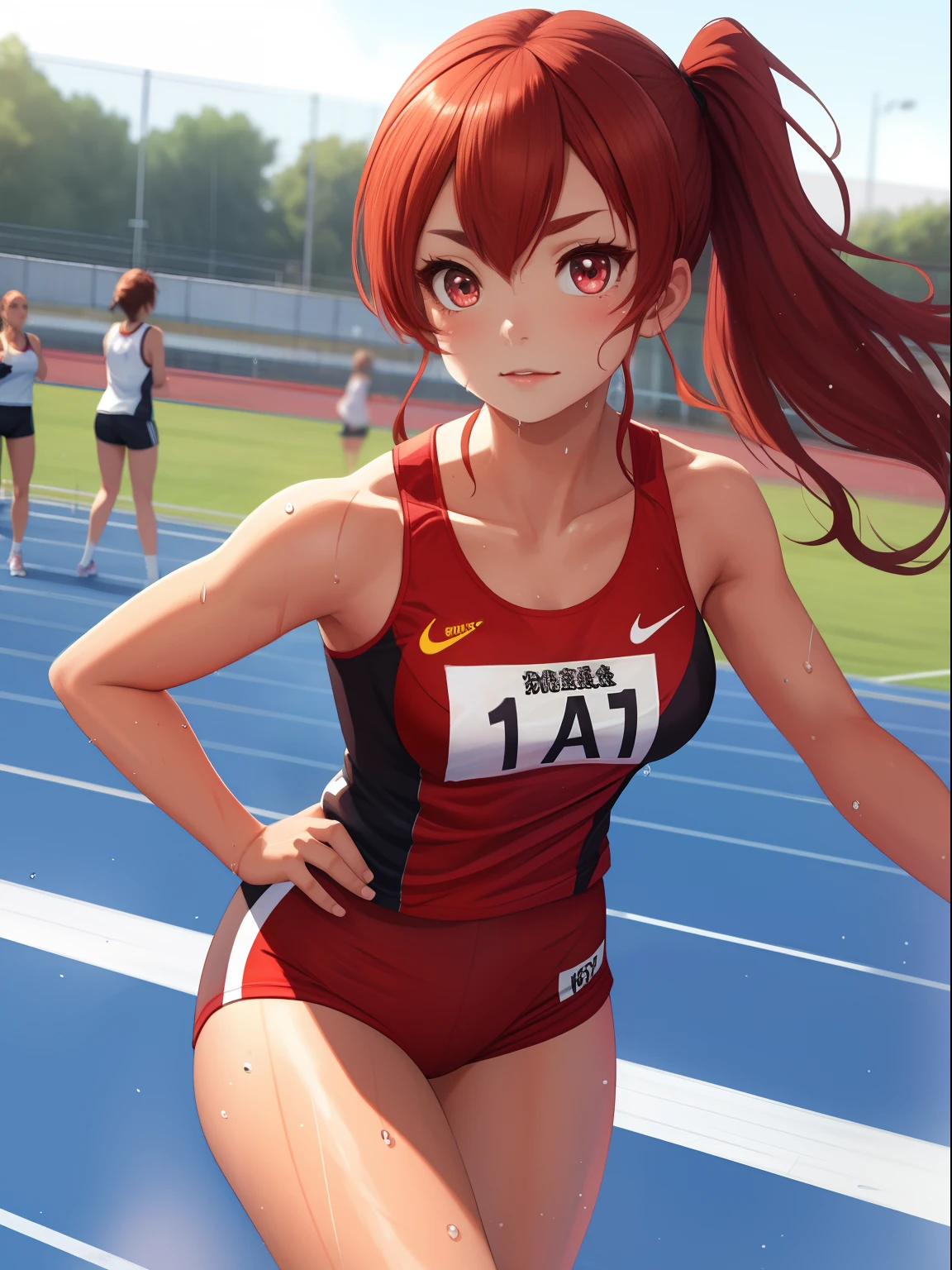 (Digital Painting),(Best Quality), 1girl in,track and field uniform,Charming face,small head,big beatiful eyes,Large breasts,nice legs,wet skins sweat,track and field,