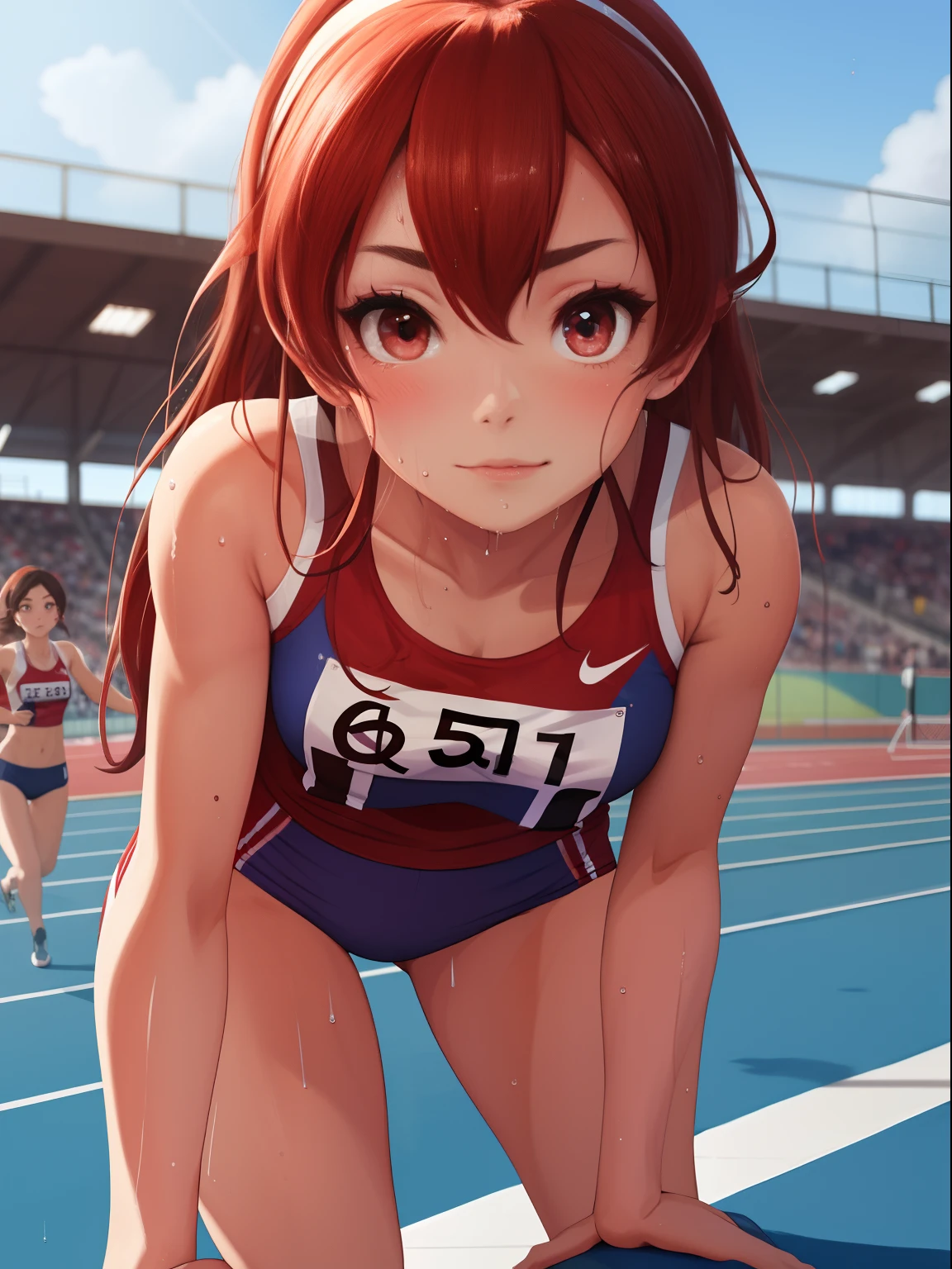 (Digital Painting),(Best Quality), 1girl in,track and field　uniform,Charming face,small head,big beatiful eyes,Large breasts,nice legs,wet skins sweat,track and field,