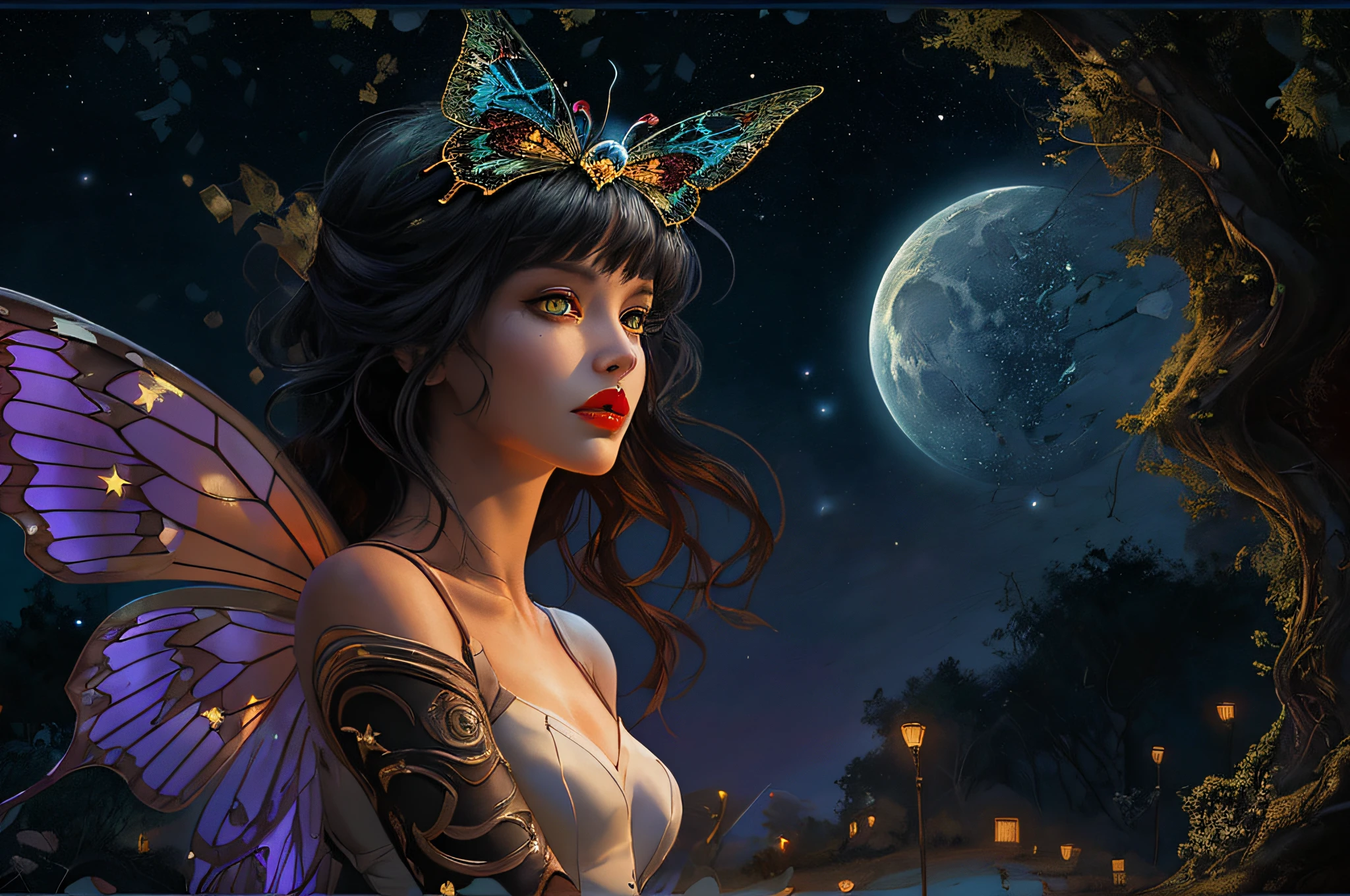 a picture of an exquisite beautiful female fairy standing under the starry night sky at the dark forest, dynamic angle (ultra detailed, Masterpiece, best quality), ultra detailed face (ultra detailed, Masterpiece, best quality), ultra feminine, red skin,  black hair, wavy hair, dynamic eyes color, yellow glowing eyes, intense eyes, red lips, [fangs], wearing white dress, dark elegant style dress (ultra detailed, Masterpiece, best quality), black and red butterfly's wings (ultra detailed, Masterpiece, best quality), wearing high heeled boots, sky full of stars background, moon, best details, best quality, 16K, [ultra detailed], masterpiece, best quality, (ultra detailed), full body, ultra wide shot, photorealism, dark fantasy art, gothic art Larry Elmore style,