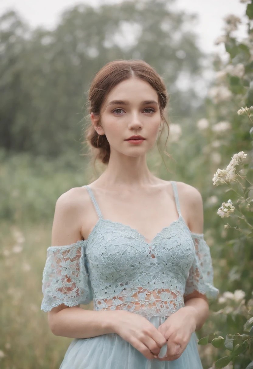 girl fairy, wearing a crochet top, upper body,crochet top, flufo, baby blue, aesthetic, pastel, pastel colors, cropped, flowers, butterflies, fairycore, goblincore, fairy, elf