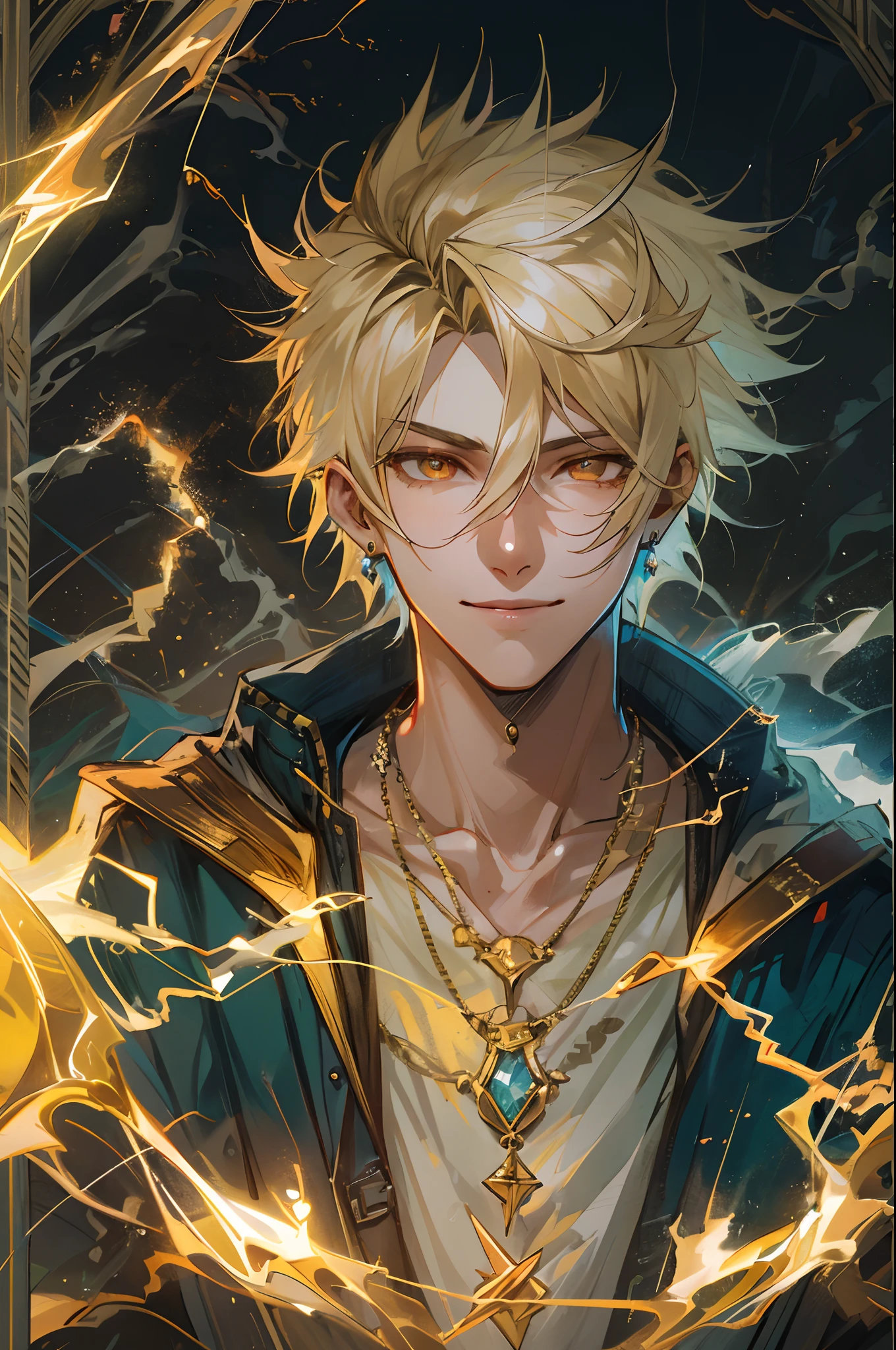 Masterpiece, absurdres, fine detail, HDR, solo, looking at viewer, smile, shirt, blonde hair, 1boy, hair between eyes, jewelry, jacket, golden eyes, upper body, male focus, earrings, necklace, ear piercing, FH , lightning mage, toned, lightning mage robe, electrical aura, early 20s,