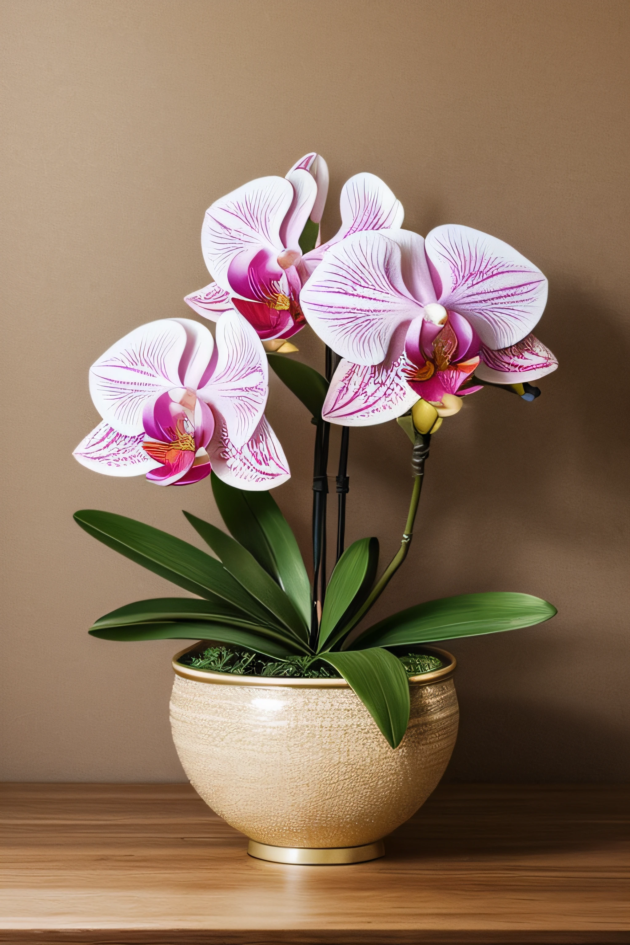 (best quality,ultra-detailed,realistic:1.37),orchid,beautifully arranged flowers,delicate petals,rich colors,vibrant hues,exquisite details,natural lighting,floral still life,soft background,botanical illustration,finely textured leaves,floral beauty,feminine touch,graceful curves,serene atmosphere,subtle shadows,elegant composition,sophisticated art,macro photography,tranquil garden,happiness in bloom,fragrant blossoms,delightful aroma,romantic ambience,gift of nature,artistic perspective,lifelike representation,surreal essence,burst of colors,ethereal beauty,intricate patterns,petal perfection,radiant sunlight,meticulous attention,visual delight,whispering petals,sublime tranquility,serenity of nature.