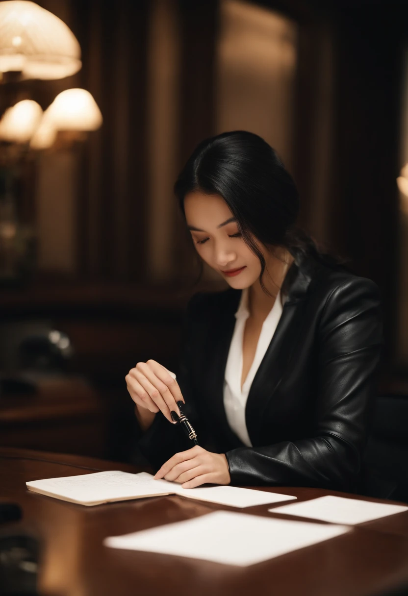 Upper body wearing black leather gloves in both hands, black business suit, facing the desk in the modern study in the dark, looking down, smiling, writing a letter using a fountain pen, long, black hair bundled in the back, young and very cute Japanese female new employee (black leather gloves cover both hands)