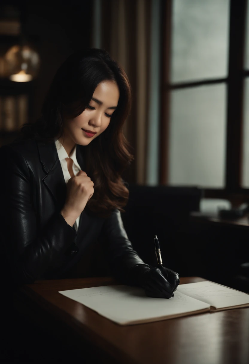 Upper body wearing black leather gloves in both hands, black business suit, facing the desk in the modern study in the dark, looking down, smiling, writing a letter using a fountain pen, long, black hair bundled in the back, young and very cute Japanese female new employee (black leather gloves cover both hands)