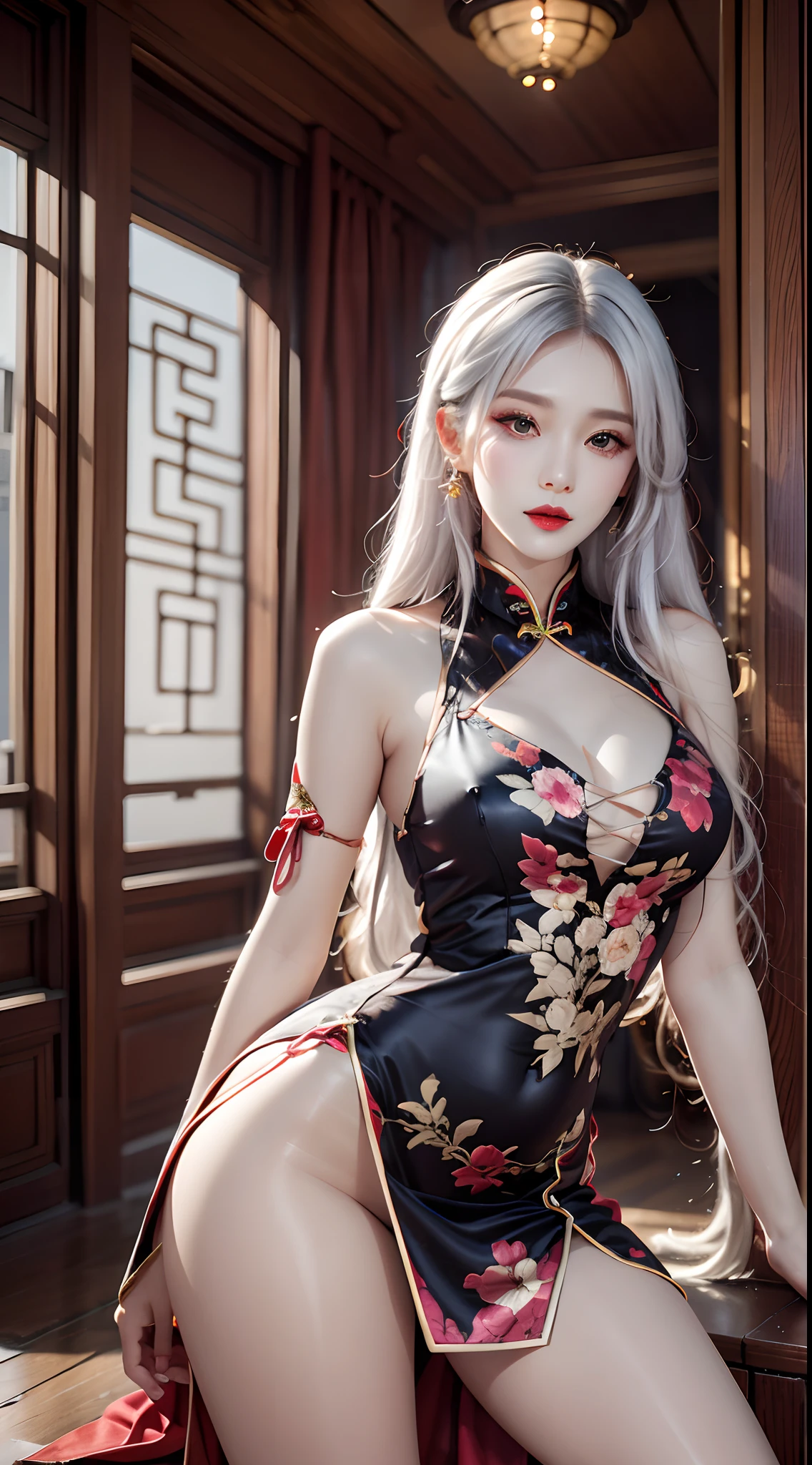 photorealistic, high resolution, 1women, mature female, solo, hips up, jewelry, tattoo, white hair, long hair, make up, red lips, cheongsam, chinese_clothes, lickink cream