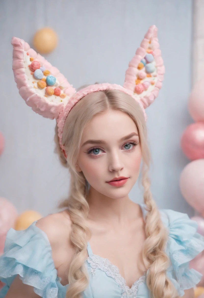a beautiful masterpiece photo, real picture of a girl. She is half-bat, and has long bat ears, and a fluffy neck scarf. She has bat wings on her back The colors are pastel and muted. The color palette consists mostly of yellow, blue and pink, she has blonde hair with blue streaks styled in buns. she wears a short pleated skirt that is very fashionable. She is sitting in a throne made out of sweets and pastries. For example donuts, sprinkles, candy, lollipops, candycane, cake, cupcakes, cakepops. The picture has polka dot patterns and other cute aesthetics