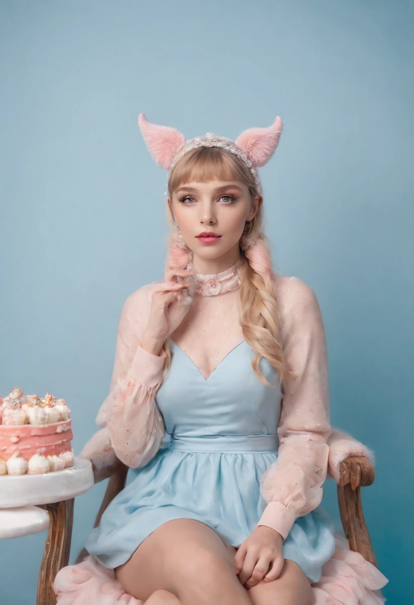 a beautiful masterpiece photo, real picture of a girl. She is half-bat, and has long bat ears, and a fluffy neck scarf. She has bat wings on her back The colors are pastel and muted. The color palette consists mostly of yellow, blue and pink, she has blonde hair with blue streaks styled in buns. she wears a short pleated skirt that is very fashionable. She is sitting in a throne made out of sweets and pastries. For example donuts, sprinkles, candy, lollipops, candycane, cake, cupcakes, cakepops. The picture has polka dot patterns and other cute aesthetics