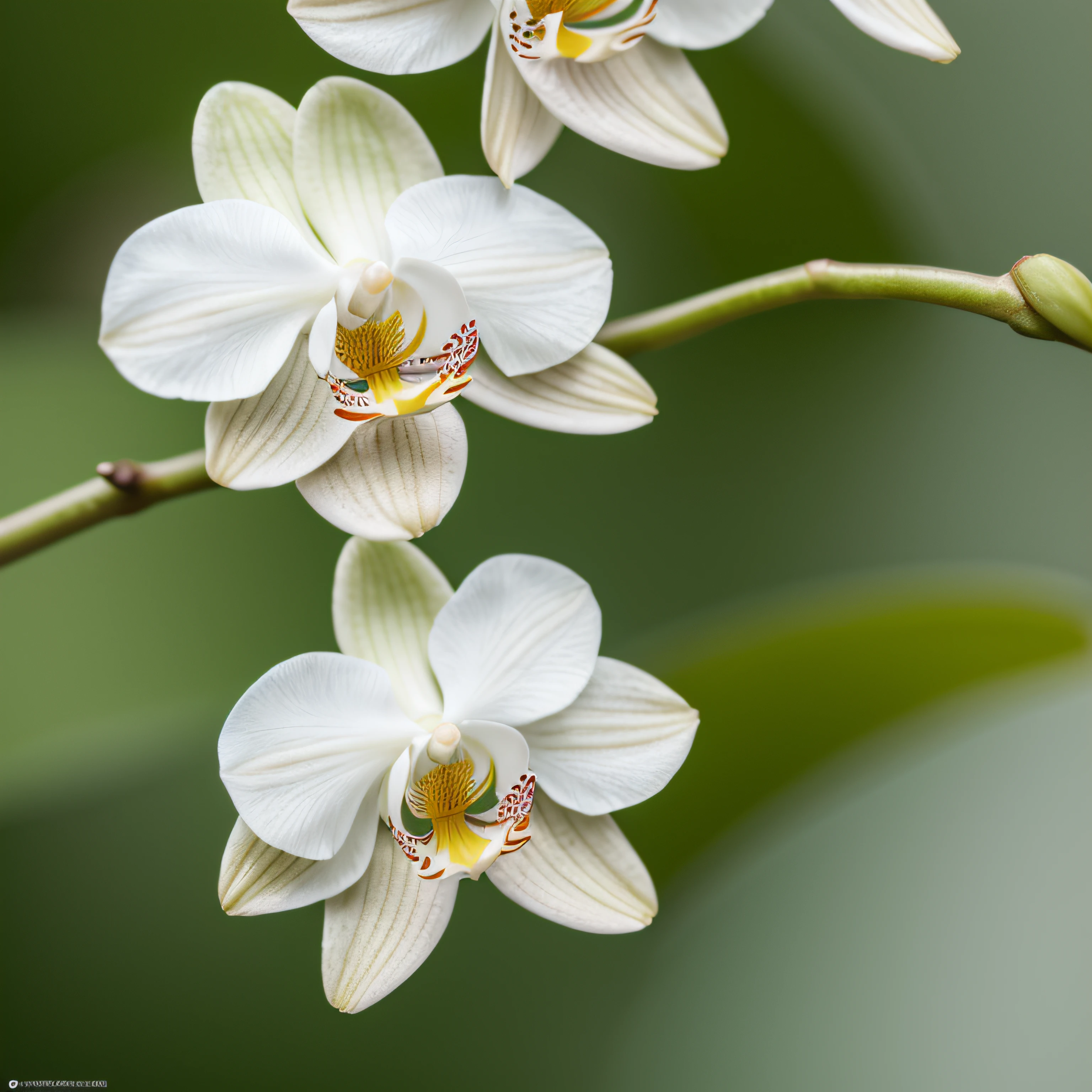 (best quality,4k,8k,highres,masterpiece:1.2),ultra-detailed,(realistic,photorealistic,photo-realistic:1.37),orchid flowers,white background,botanical art,lush green leaves,delicate petals,intricate patterns,vibrant colors,elegant composition,soft lighting,serene atmosphere,subtle shadows,detailed stamen and pistil,macro photography,high contrast,crisp focus