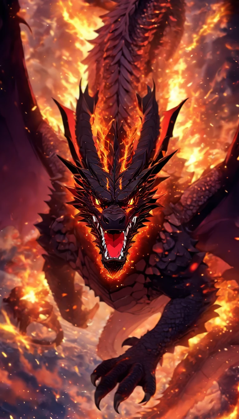 (Best quality,4K,High-res,Masterpiece:1.2),Extremely detailed,Gigantic,Western Dragon,Black Dragon,immensity,Ferocious creatures,Terrifying,dramatic background,Sharp scales,Vibrant colors,hot atmosphere,treasure,soaring through the sky,Overwhelming presence,Majestic wingspan,Sinister gaze,mythological creatures,mito