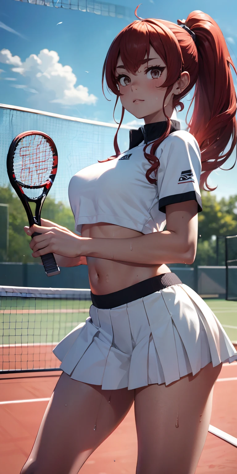 1girll，tennis player，s the perfect face，crisp breasts, Convex buttocks,White sports short sleeves，Short white pleated skirt，White sport socks，White tennis shoes，Wet hair，High ponytail，body soaking wet，Swing the paddle，tennis court，Sunnyday，Clouds， Detailed background, Clothing details, perfectly proportioned, filmgrain, Fuji colors, lightand shade contrast, tmasterpiece, high detal, high qulity, A high resolution, Cinematic lighting, 8K, Textured skin, Super detail