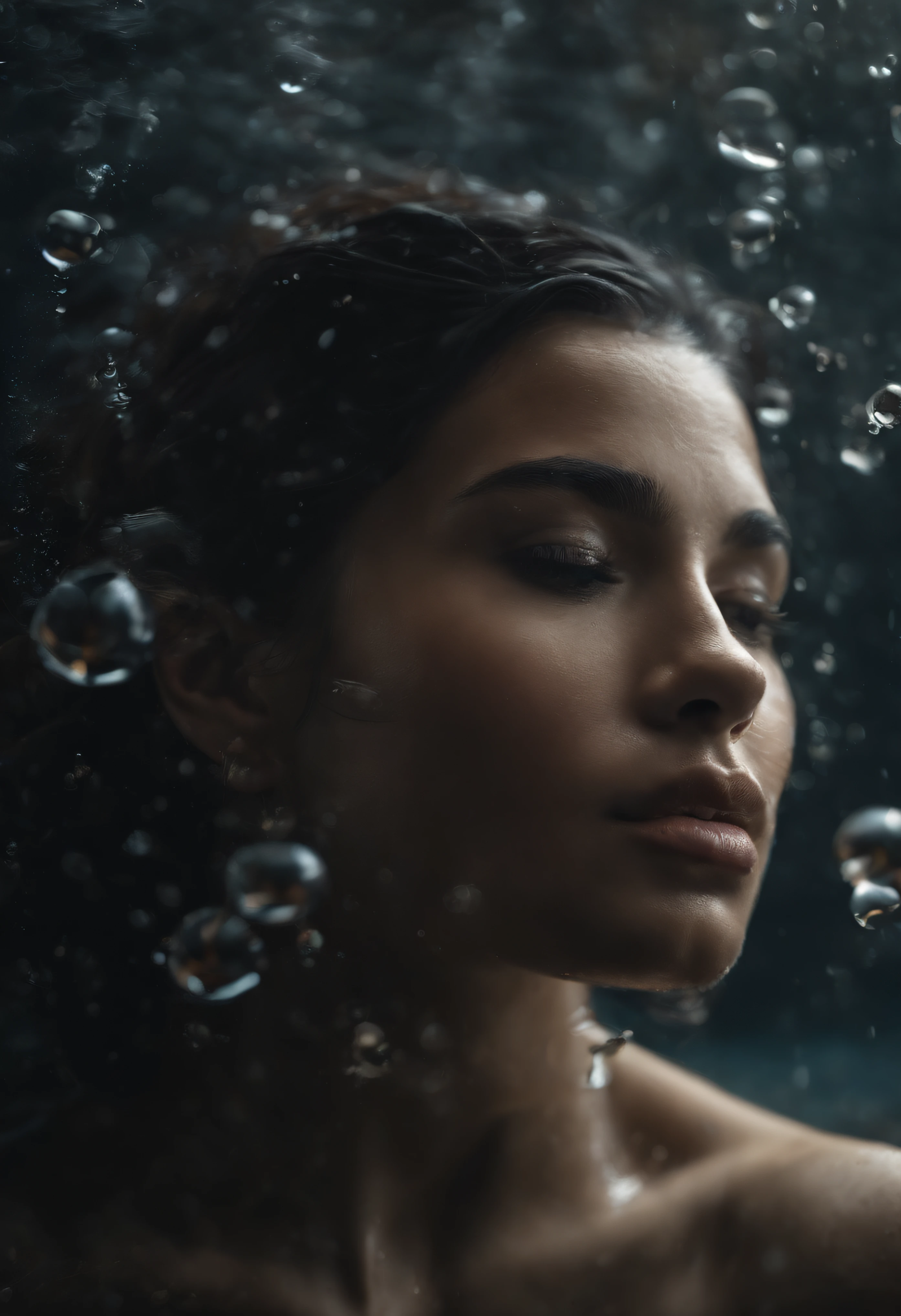 (best quality,ultra-detailed,realistic:1.37),portrait,dark fantasy,gray skin,eyes closed,emerging from water,dreamy atmosphere,mysterious aura,water bubbles,vapor,unreal atmosphere,ethereal,subtle lighting,fine details,drenched in water,wet hair,tranquil expression,underwater,serene,misty,submerged in tranquility,sublime beauty,subtle colors,soft focus,graceful,submerged in dreams,unearthly elegance,quiet reflection,otherworldly,magical transformation