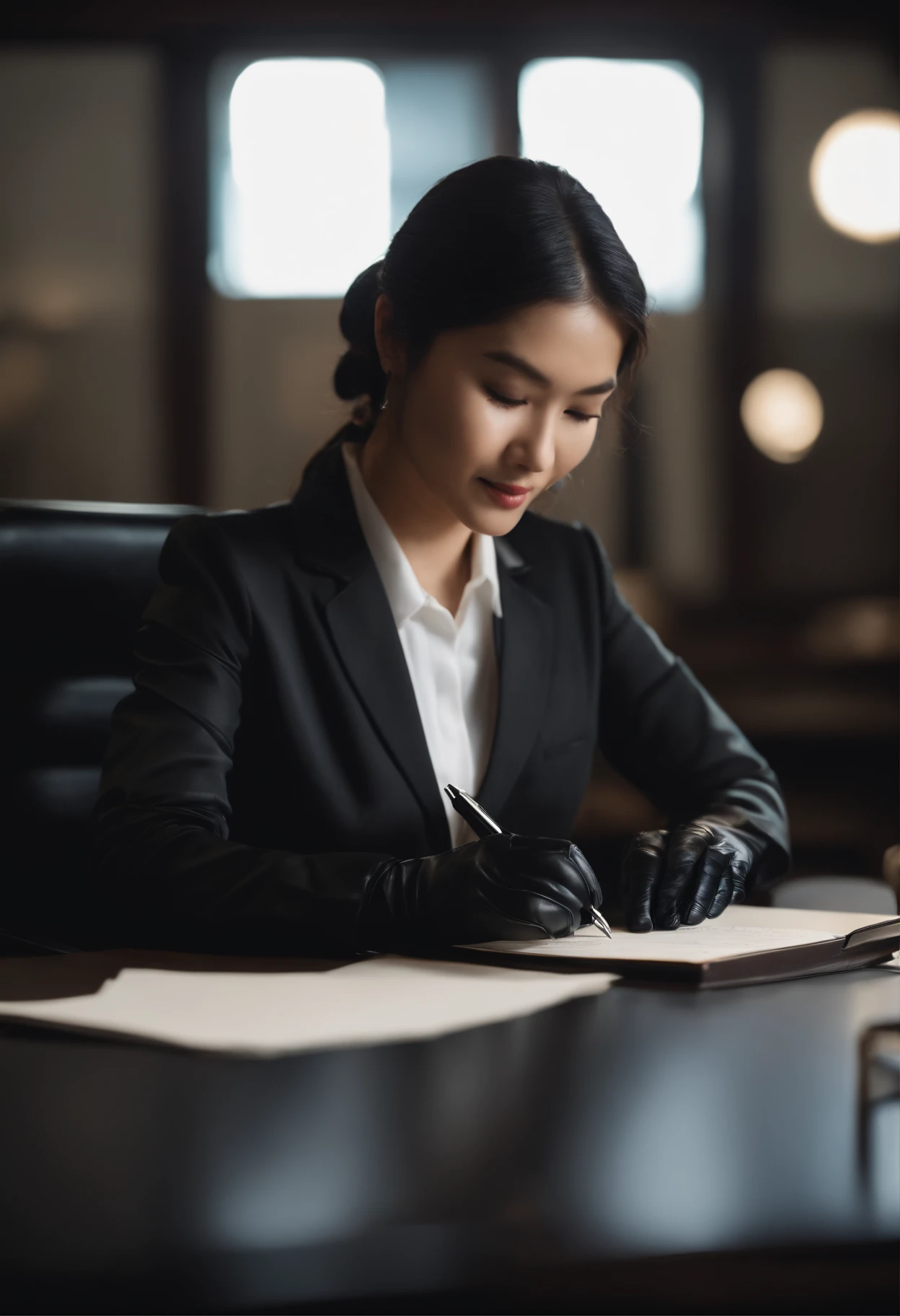 Upper body wearing black leather gloves in both hands, black business suit, facing the desk in the modern study in the dark, looking down, smiling, writing a letter using a fountain pen, long, black hair bundled in the back, young and very cute Japanese female new employee (black leather gloves cover both hands)