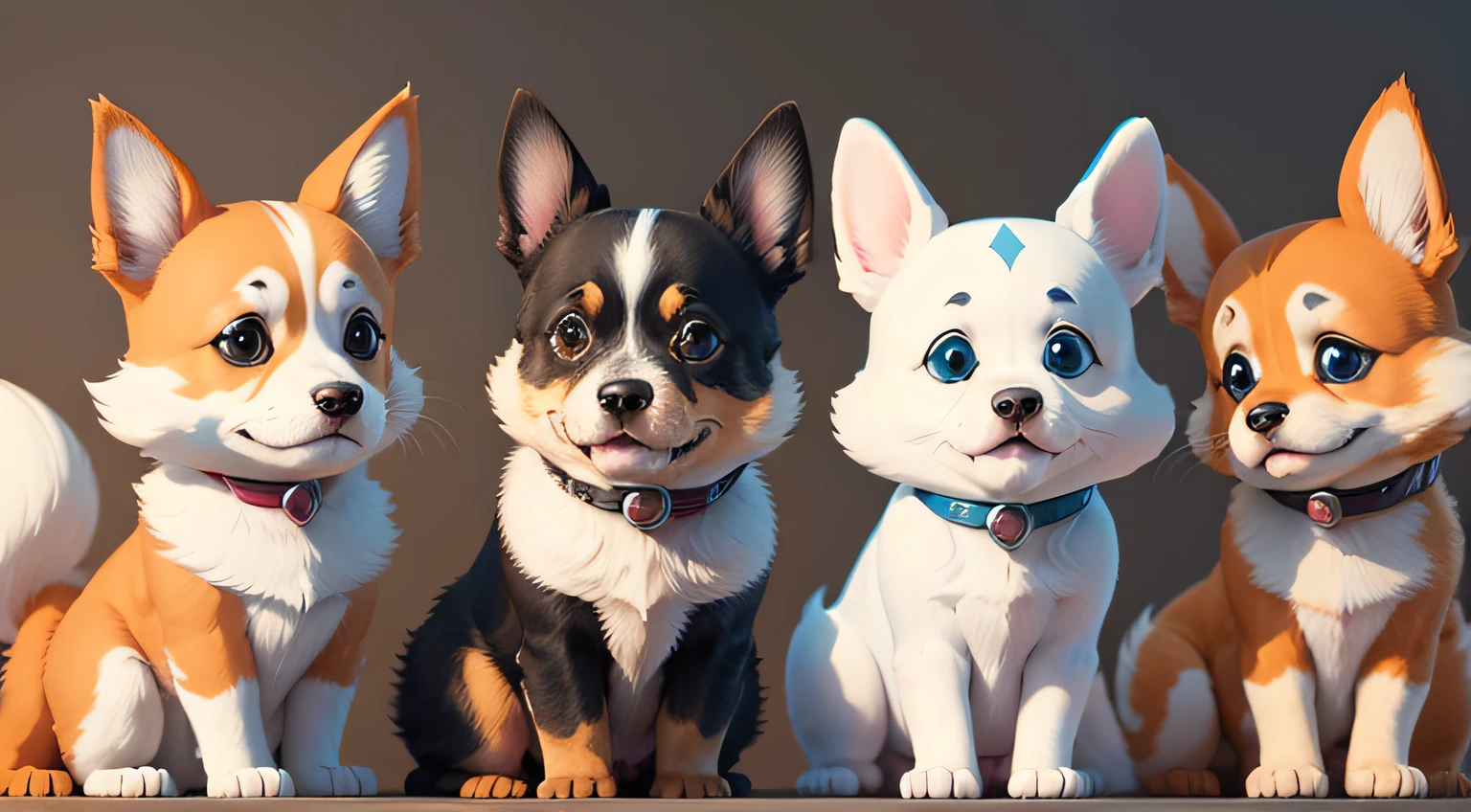 A group of cartoon cute dogs looking at the camera