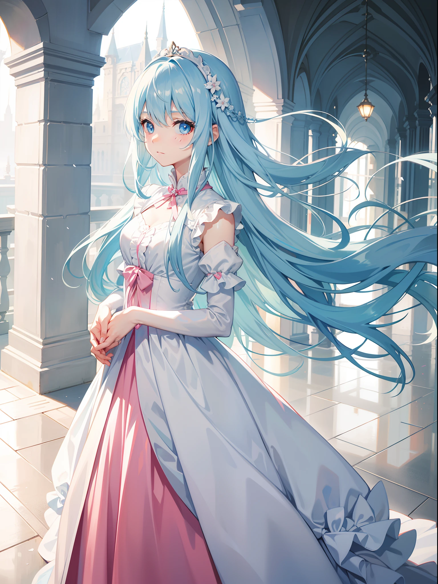 Long light blue hair,sky-blue eyes,Girl in pink and white dress,With a faint smile on his face,Place your hands gracefully in front of you,elegant look,In the school corridor