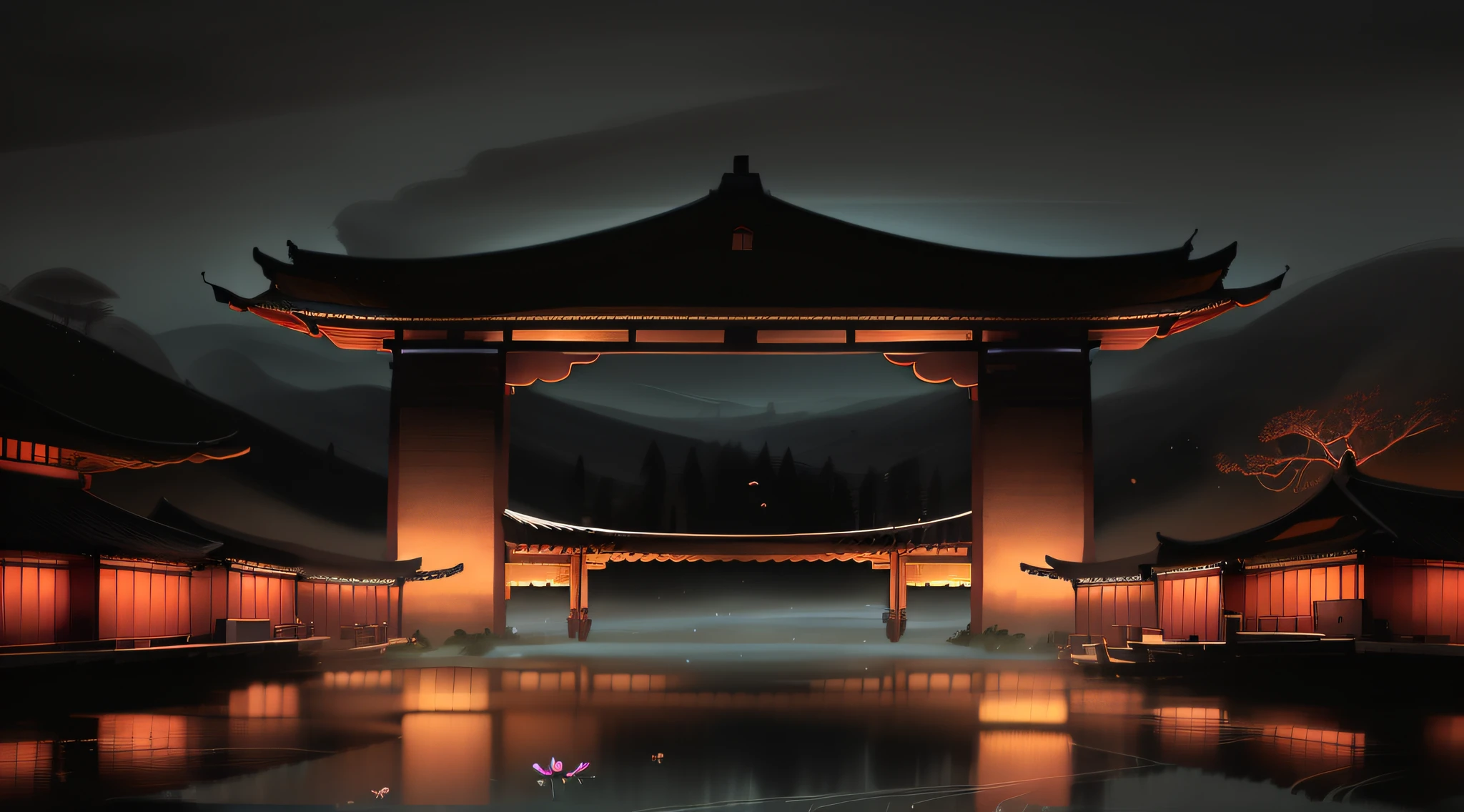 Chinese martial arts style, large area sky, ink style, outline light, atmospheric atmosphere, depth of field, mist rising, lake water, lotus flowers and leaves, small boats, pine trees, octagonal stone pavilions, arch bridges, night view,(No color)
