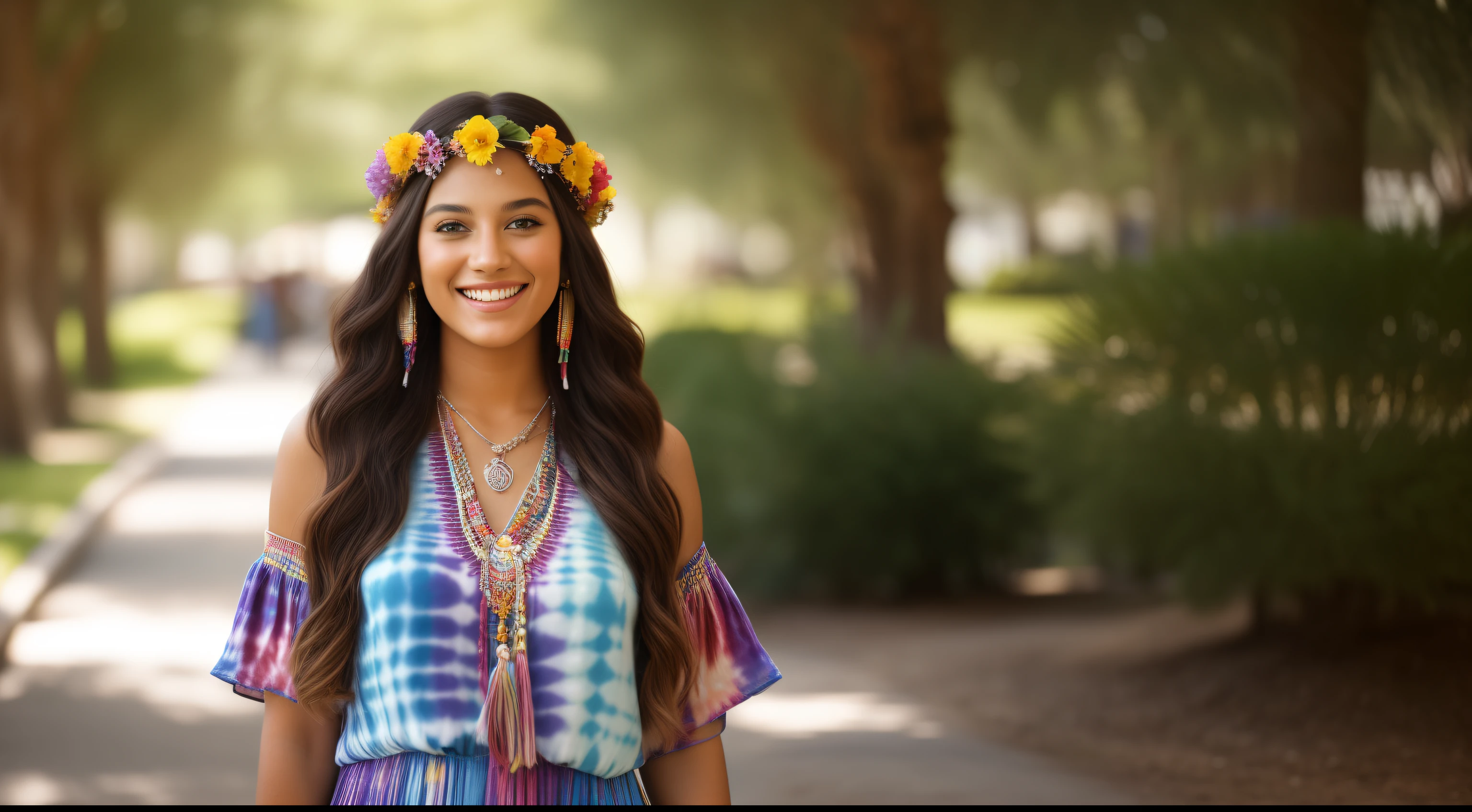 a photo of a young woman dressed in a tie-dye maxi dress or a peasant blouse paired with bell-bottom jeans and fringe accessories. She is smiling, she wears a headband or flower crown in her long, flowing hair. background the campus of a university with blurred effect, capturing the free-spirited and laid-back vibe of the era 60Retro69Punch75