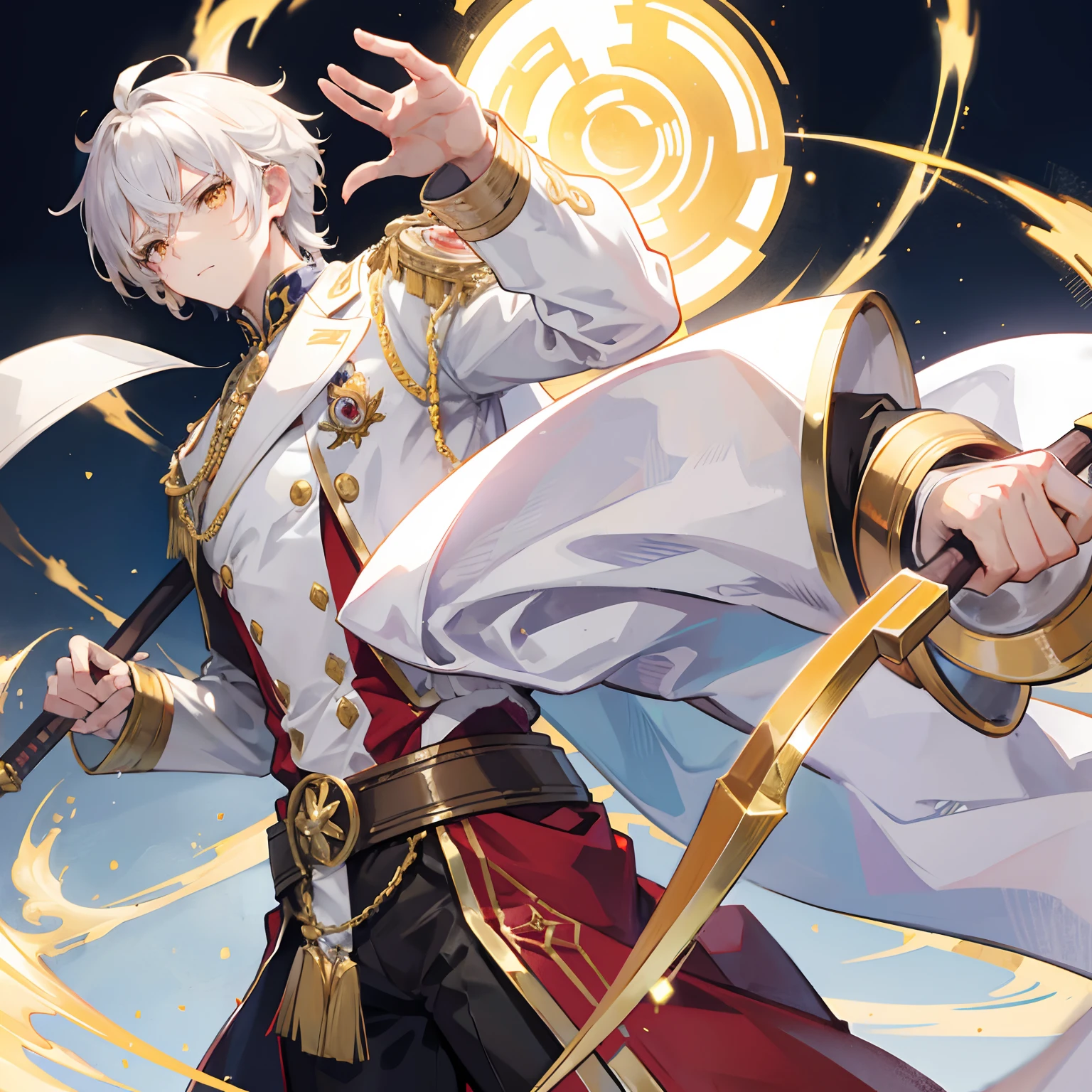 anime man,lean,muscular,white french noble clothing,golden accents,holding a cain,golden eyes