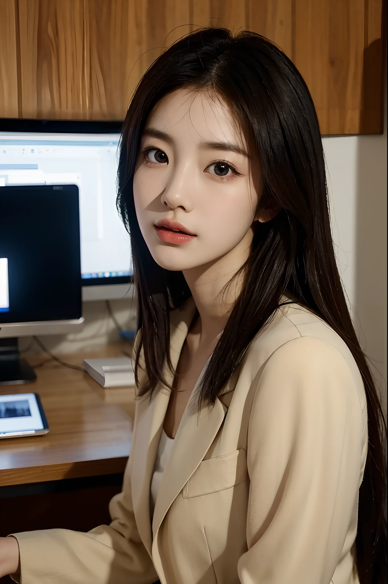 High-res, Realistic portrait of professional korean office lady with perfect skin,Professional suits,Women's suits,stand posture,The upper part of the body,Women in the workplace,Show confidence and maturity, Surrounded by a modern corporate environment, Vibrant and naturally lit highlights. The artwork should emphasize her elegant facial features, Including charming long eyes, Fluttering eyelashes and seductive lips. The scene should be enhanced with elements of professionalism and visual appeal,For example, Stylish work desk, Mainframe computers, High-resolution display, and complex stationery. The overall tone should be warm and professional, Has a soft and natural color palette. The artwork should exude a sense of professionalism, Success, and cultural pride,The background is blurred out