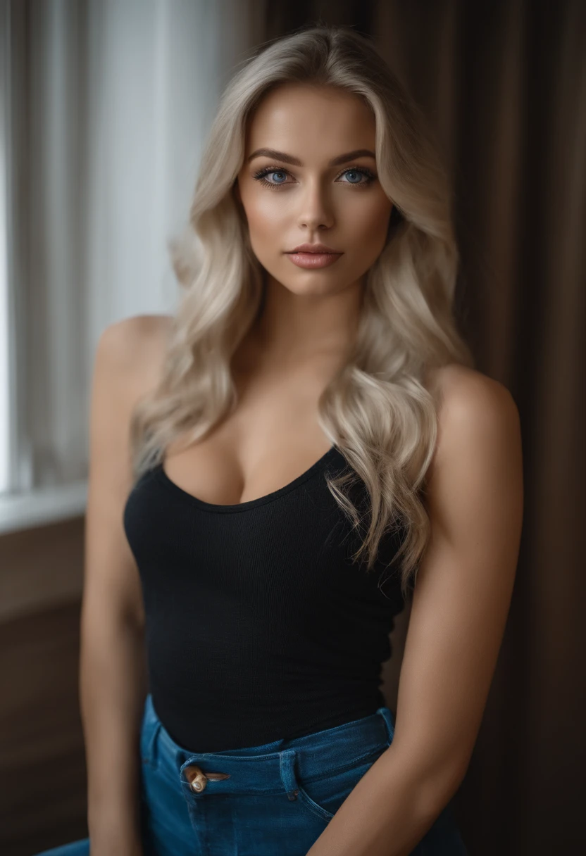 Woman with matching tank top and panties, Sexy girl with blue eyes, portrait sophie mudd, portrait corinna kopf, blonde hair and large eyes, Selfie einer jungen Frau, Augen im Schlafzimmer, Violet Myers, ohne Make-up, Natural makeup, Blick direkt in die Kamera, Gesicht mit Artgram, dezentes Make-up, Stunning full body shot, im Schlafzimmer, Spaltung