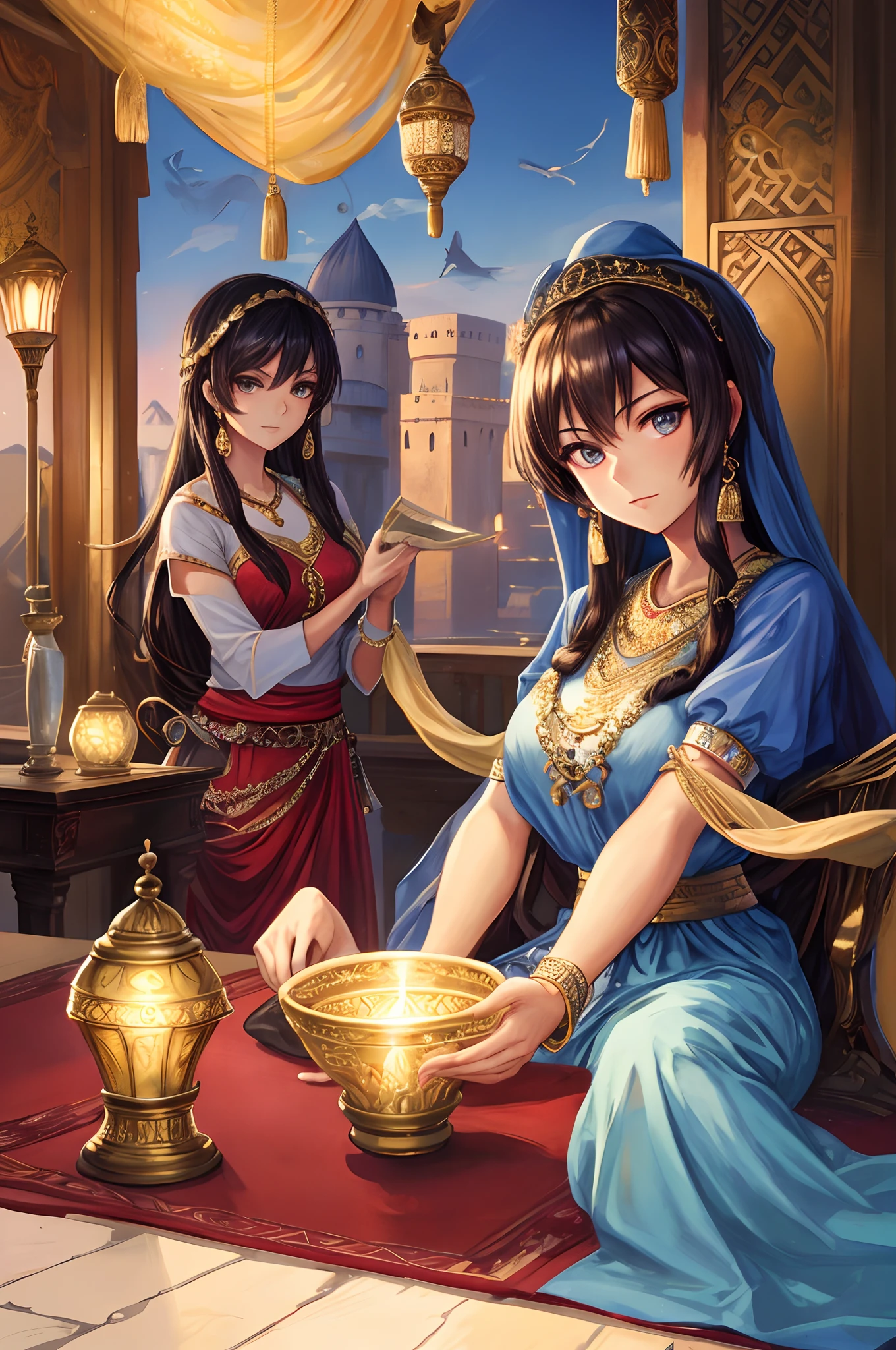 Top quality, Best quality, High-quality illustrations, Masterpiece, Super high resolution, Detailed background, Detailed background, duo,two concubines,Aladdin, Entertainment at the Arabian Palace, Sassanid dynasty, Turkish lamps,group picture:0.1,  6+Women, 6+Girls, absurderes(Highly detailed beautiful face and eyes)Perfect anatomy, expression, Good lighting, cinematic shadow,(komono,),