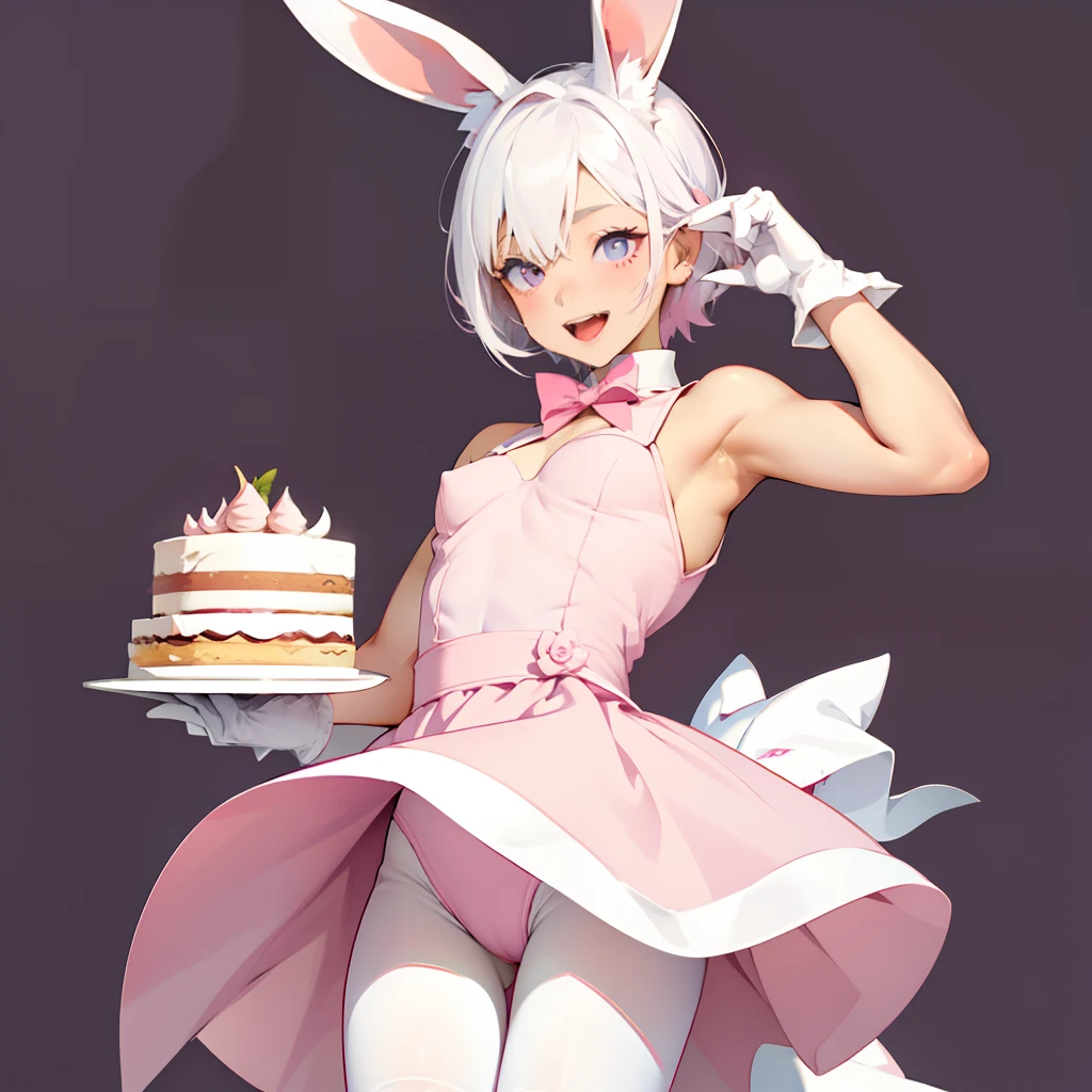 1 girl in、Dark pink、Shocking pink dress、Simple dress、White rabbit ears、White tights、Rabbit tail、White hair、short-cut、Simple eyes、white glove、Evil smile、conspiracy、small tits、Sleeveless、piece sign、simple background、Opening Mouth、eating cakes