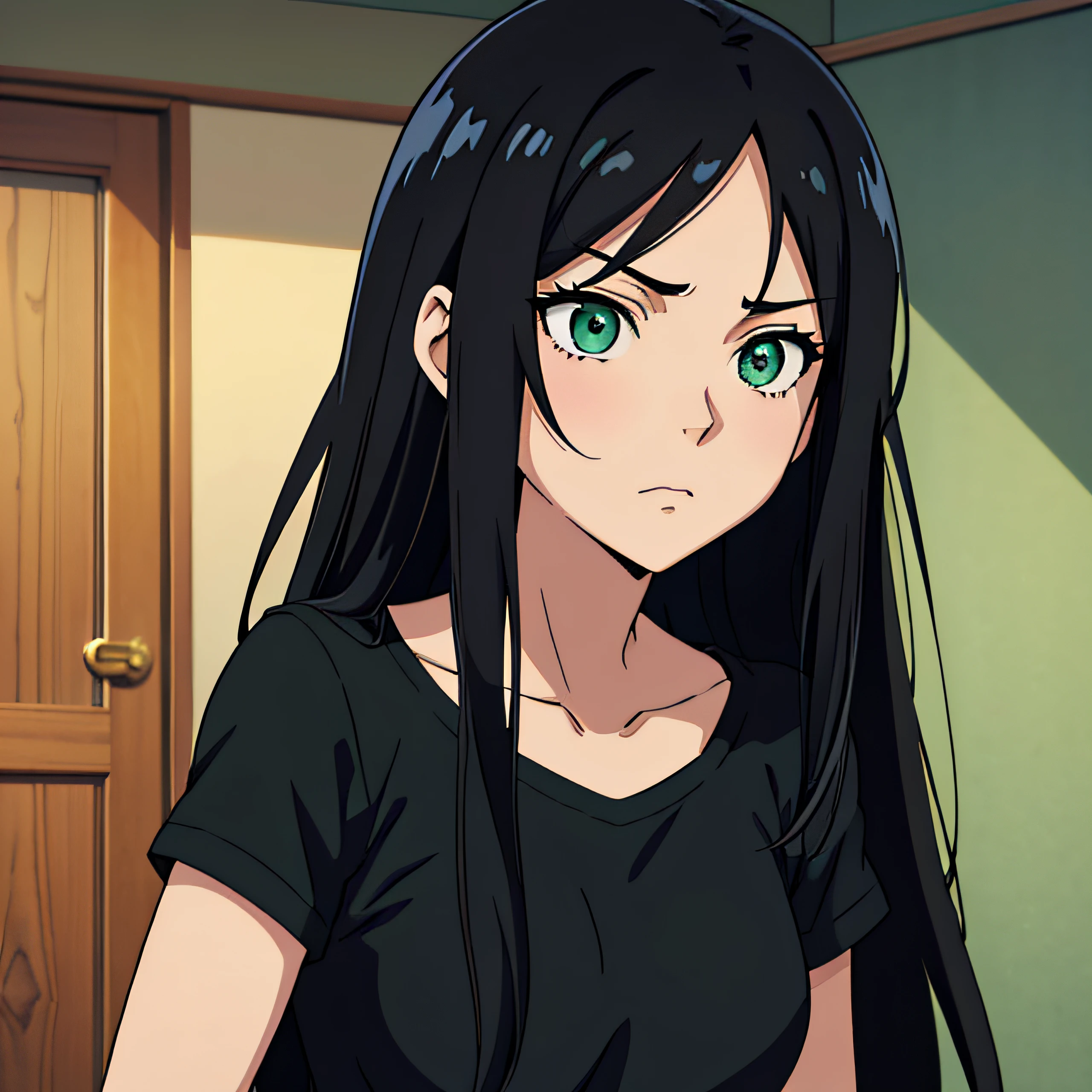 ((best quality, 1girl)), anime girl with black long hair and green eyes wearing a black t-shirt, shy, indoors, bedroom, almond eyes, anime visual of a cute girl, smooth anime cg art, semi realistic anime, in an anime style, an anime girl, semi - realistic anime