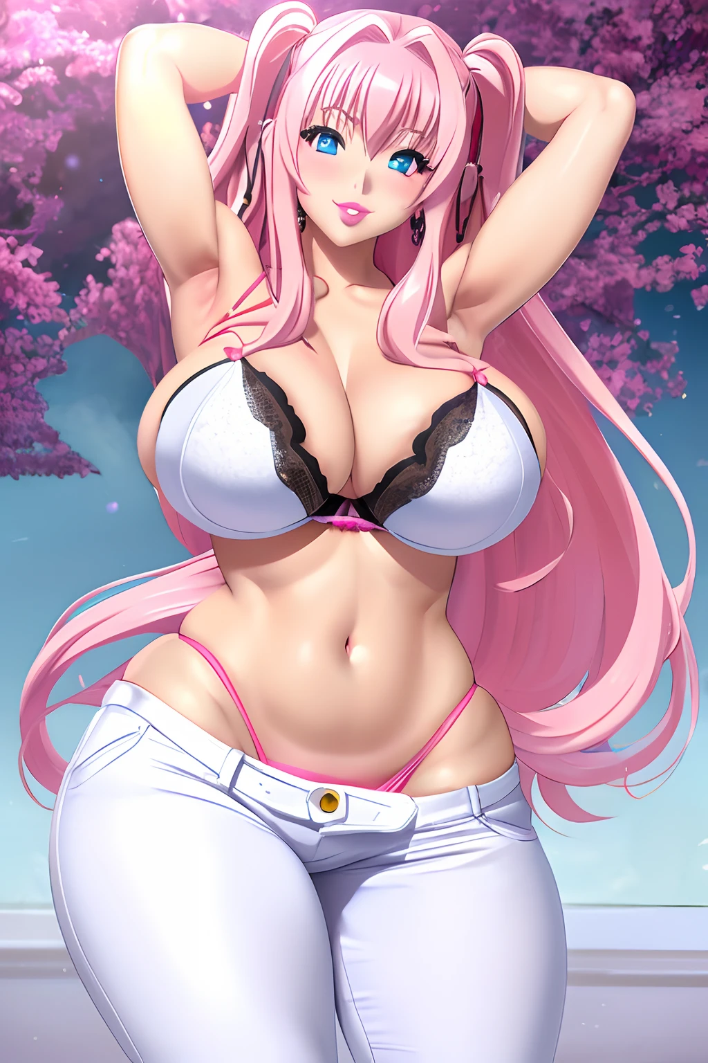 Highschool dxd, Rossweisse, 1girl, (((bimbo))), white long hair, blue eyes, ear rings, (((bimbo))), puffy lips, painted lips, thick lips, smile face, wide hips, thick thighs, huge round ass, huge natural Hitomi Tanaka breasts, white jeans, bra, posing