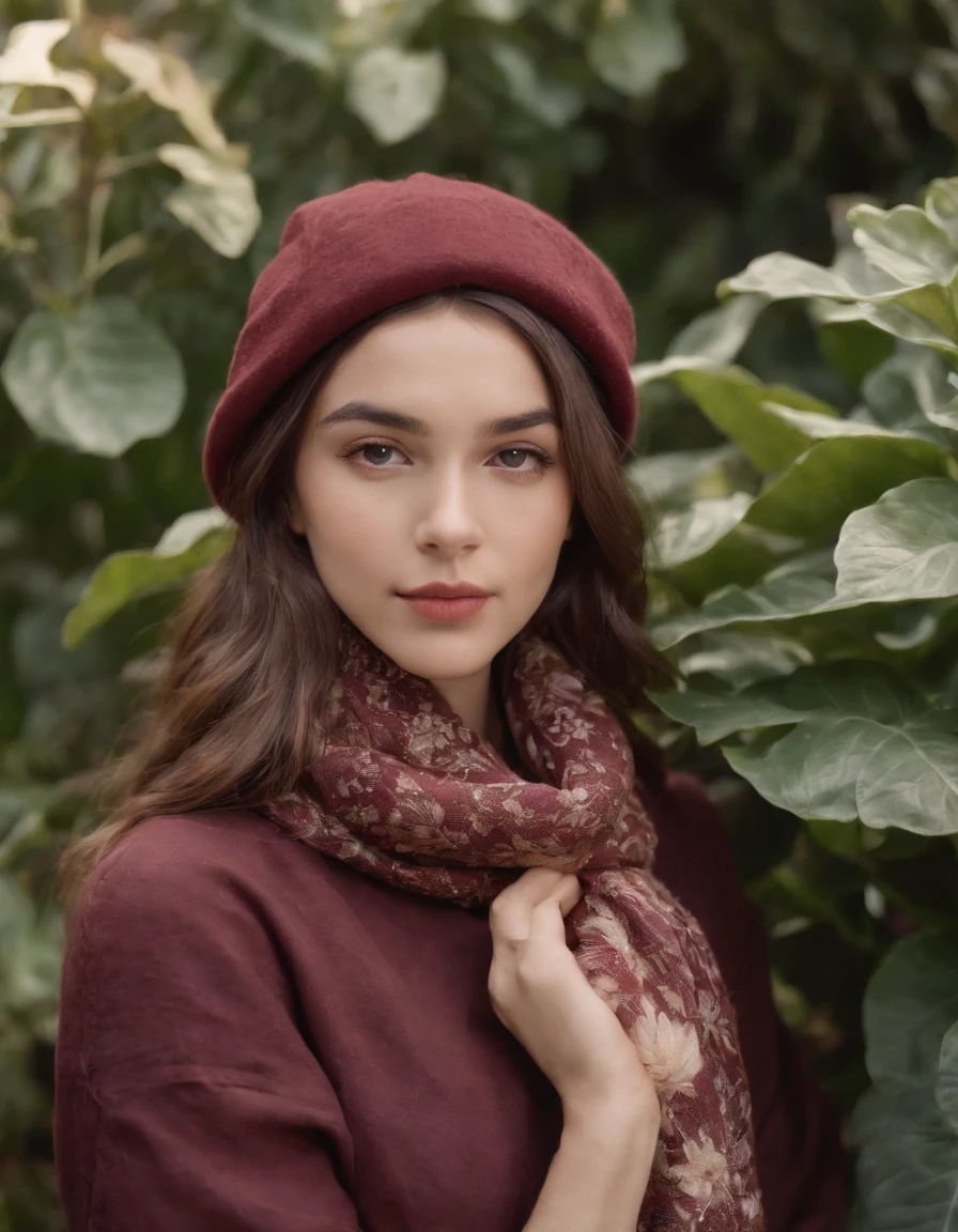 chick in hat with scarf against plants, in the style of dreamy portraits, maroon, candid photography style, honeycore, frayed, floral, normcore, (medium close-up)