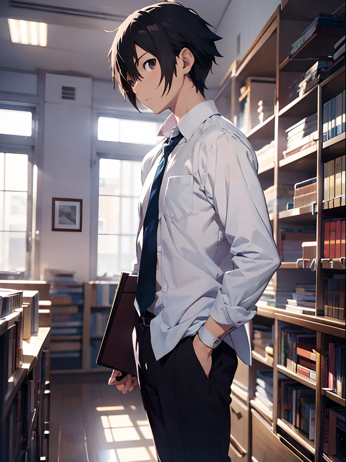 Anime Style Makoto Shinkai, Anime Characters A Man With Shirt And Tie, Standing On The Library Room And Holding A Book, Makoto Shinkai Style Art, Expresive eyes, Best Quality,