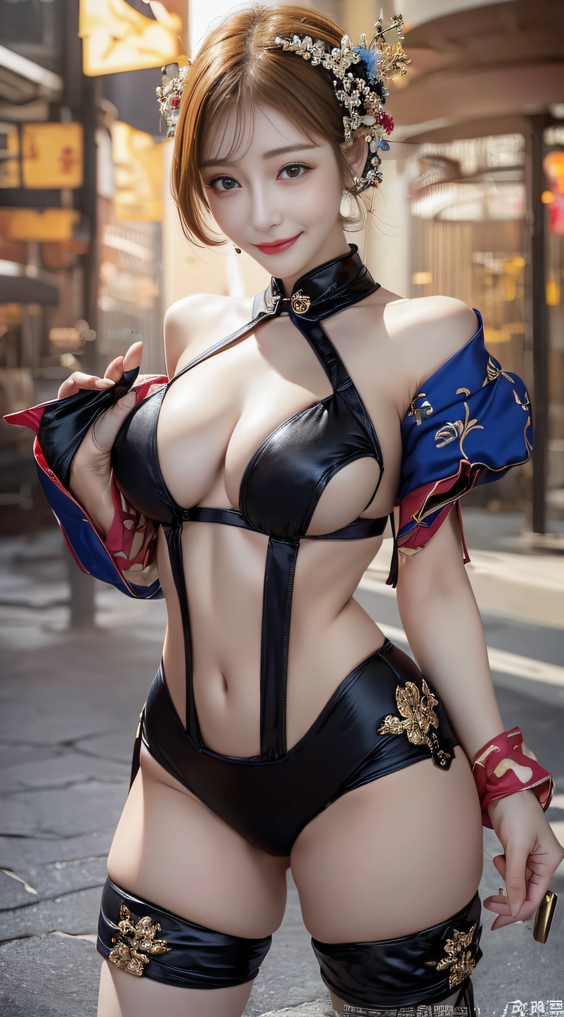 (1girl in)、Colossal tits、cleavage of the breast、sun burn、Expose muscles、Sweat muscles、Pixie Cut Blonde Hair、sexy chinese clothing、Punk Girl、Perfect smiling black hair、Pubic hair is transparent、Erotic、Pubic hair shows through、