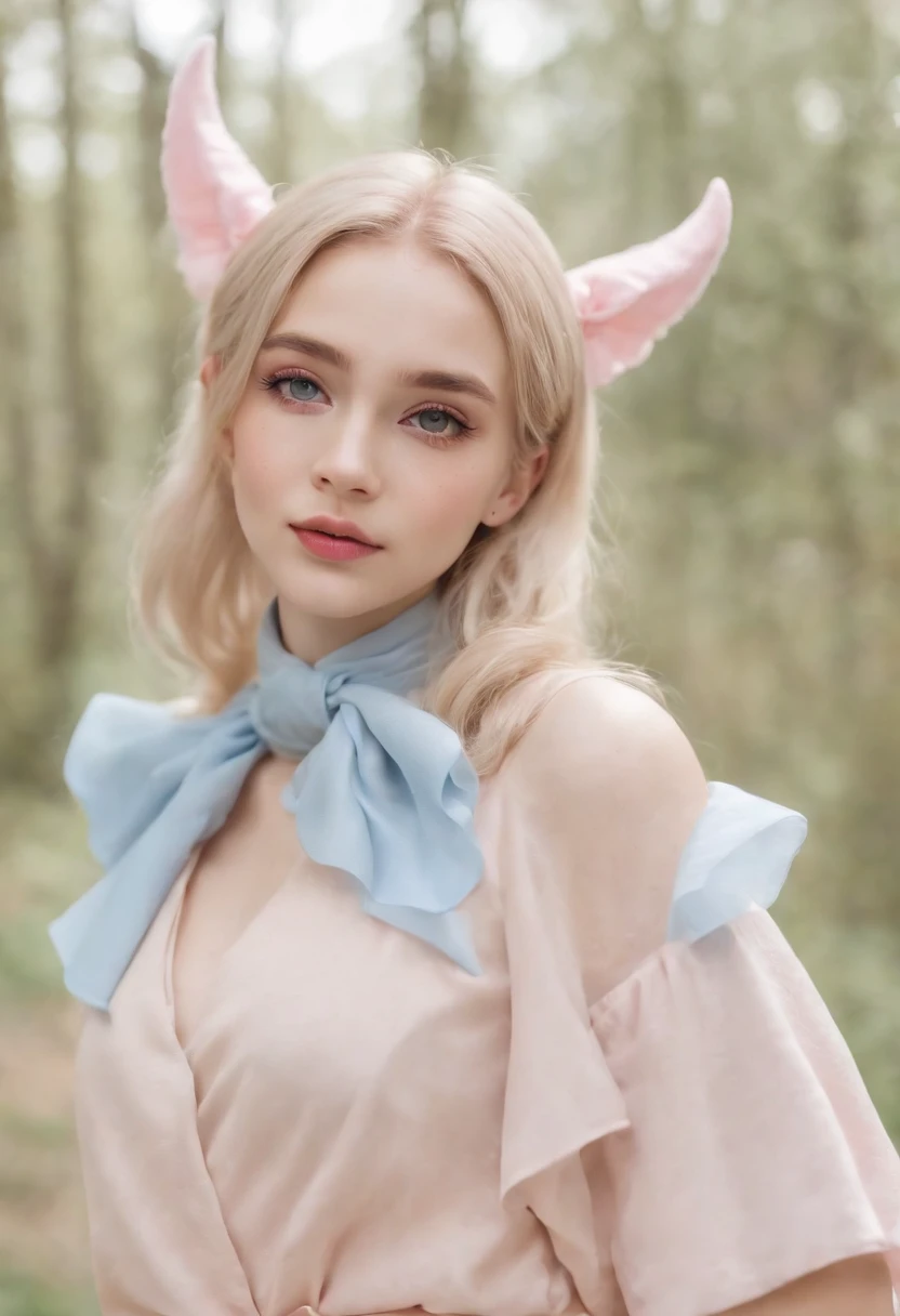 Macaron color scheme,a beautiful masterpiece photo,upper body, real picture of a girl, She is half-bat, and has long bat ears, and a fluffy neck scarf, She has bat wings on her back The colors are pastel and muted,The color palette consists mostly of yellow, blue and pink, she has blonde hair with blue streaks styled in buns