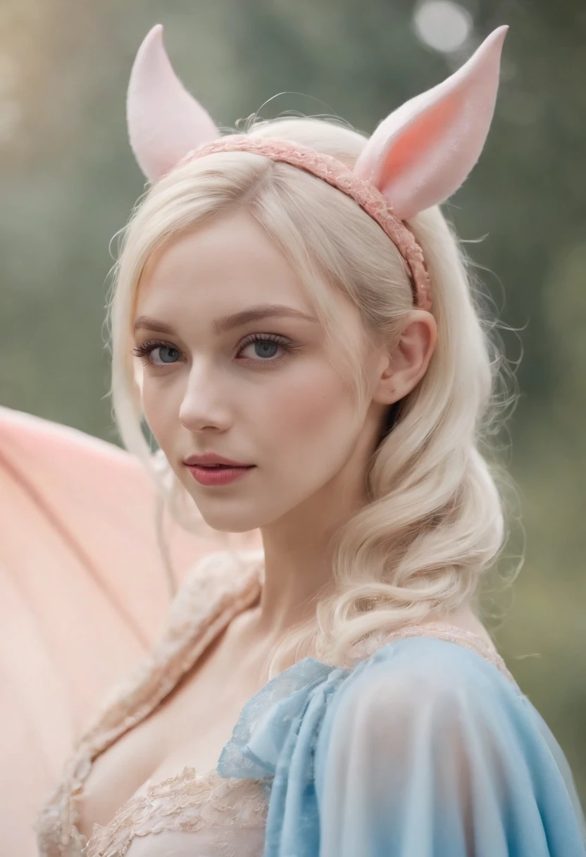 Macaron color scheme,a beautiful masterpiece photo,upper body, real picture of a girl, She is half-bat, and has long bat ears, and a fluffy neck scarf, She has bat wings on her back The colors are pastel and muted,The color palette consists mostly of yellow, blue and pink, she has blonde hair with blue streaks styled in buns