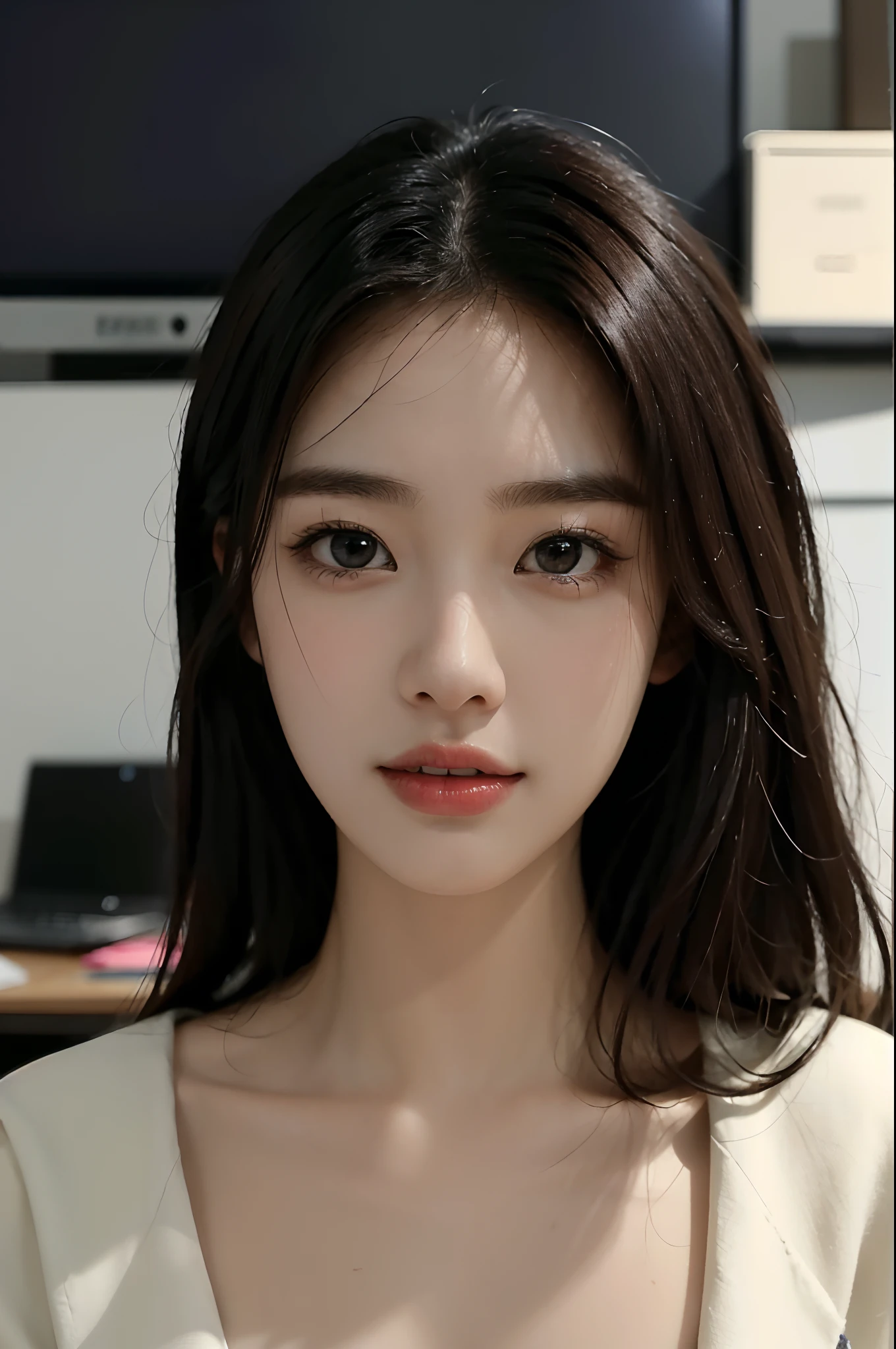 High-res, Realistic portrait of professional korean office lady with perfect skin,Professional suits,Women's suits,stand posture,The upper part of the body,Women in the workplace,Show confidence and maturity, Surrounded by a modern corporate environment, Vibrant and naturally lit highlights. The artwork should emphasize her elegant facial features, Including charming long eyes, Fluttering eyelashes and seductive lips. The scene should be enhanced with elements of professionalism and visual appeal,For example, Stylish work desk, Mainframe computers, High-resolution display, and complex stationery. The overall tone should be warm and professional, Has a soft and natural color palette. The artwork should exude a sense of professionalism, Success, and cultural pride,The background is blurred out