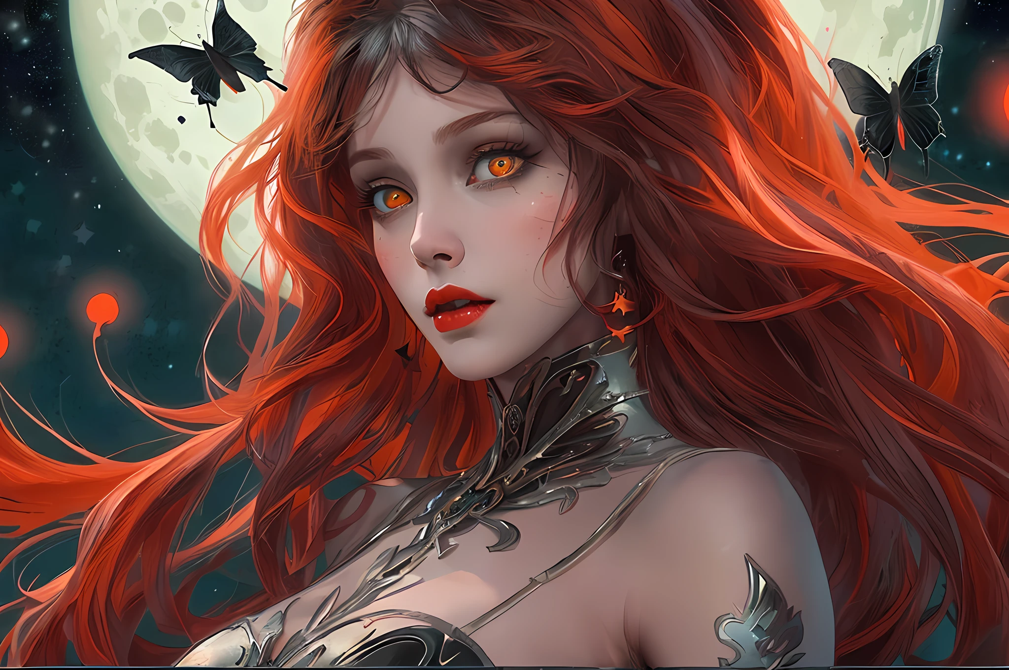 a picture of an exquisite beautiful female fairy standing under the starry night sky at the dark forest, dynamic angle (ultra detailed, Masterpiece, best quality), ultra detailed face (ultra detailed, Masterpiece, best quality), ultra feminine, red skin,  black hair, wavy hair, dynamic eyes color, yellow glowing eyes, intense eyes, red lips, [fangs], wearing white dress, dark elegant style dress (ultra detailed, Masterpiece, best quality), black and red butterfly's wings (ultra detailed, Masterpiece, best quality), red veins, wearing high heeled boots, sky full of stars background, moon, best details, best quality, 16K, [ultra detailed], masterpiece, best quality, (ultra detailed), full body, ultra wide shot, photorealism, dark fantasy art, gothic art Larry Elmore style,