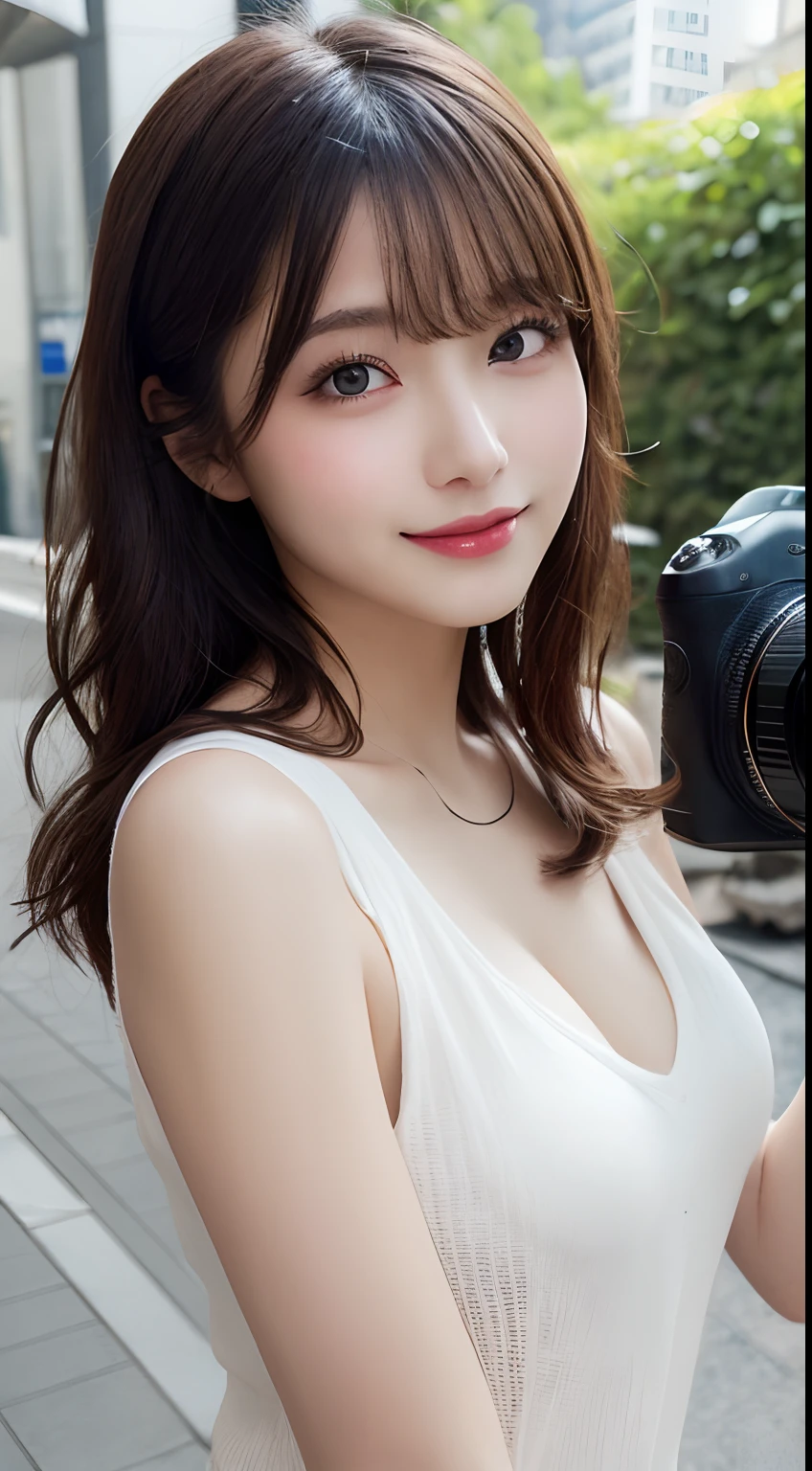 ((((masterpiece、Highest quality、High resolution、Tabletop、wallpaper、Realistic、Bright lighting、Professional Lighting、Face Light、Smooth lighting、Japanese women、Beautiful woman、action、gravure、sexy、so beautiful、Beautiful Skin、Beautiful and exquisite、Detailed face、slim、Looking into the camera、Cleavage))))、((Big Breasts:1.4))、((((japanese,20-years-old,One woman,outdoors,Looking into the camera:1.5)))),smile,close mouth