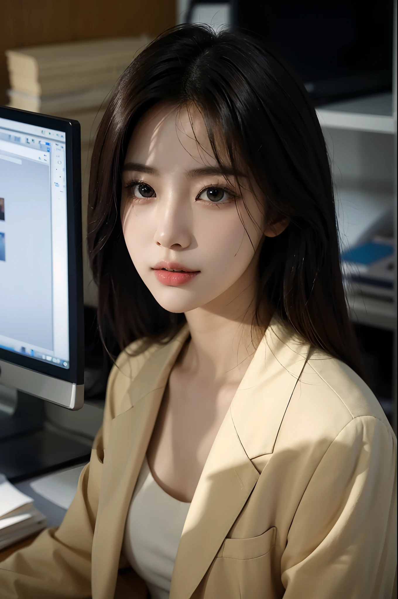 High-res, Realistic portrait of professional korean office lady with perfect skin,Professional suits,Women's suits,stand posture,The upper part of the body,Women in the workplace,Show confidence and maturity, Surrounded by a modern corporate environment, Vibrant and naturally lit highlights. The artwork should emphasize her elegant facial features, Including charming long eyes, Fluttering eyelashes and seductive lips. The scene should be enhanced with elements of professionalism and visual appeal,For example, Stylish work desk, Mainframe computers, High-resolution display, and complex stationery. The overall tone should be warm and professional, Has a soft and natural color palette. The artwork should exude a sense of professionalism, Success, and cultural pride,The background is blurred out