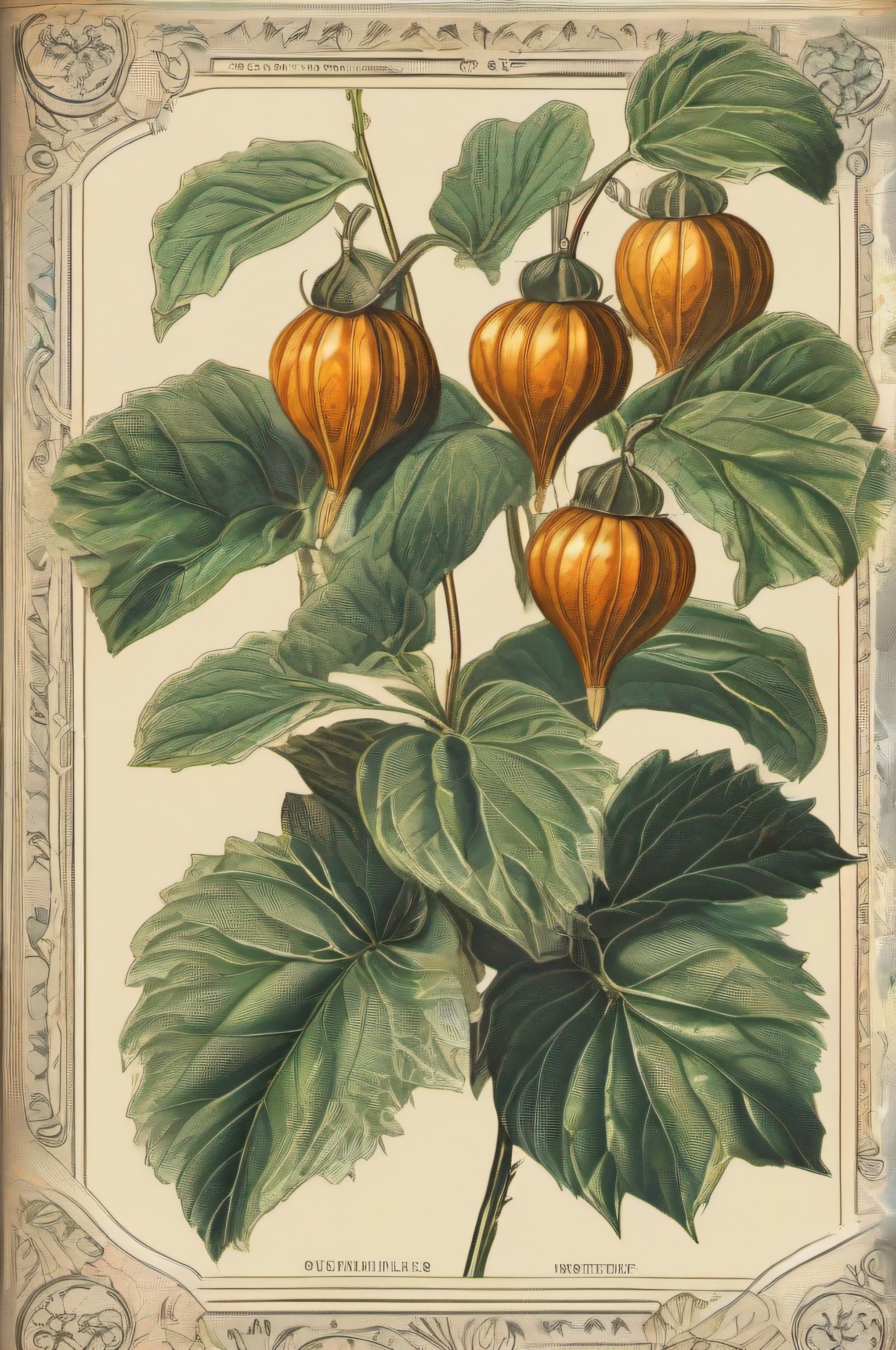 Vintage Victorian style, Precise vintage encyclopedia (best quality:1.2), (detailed:1.2), (masterpiece:1.2), vintage illustrations of physalis, botanical, ((without people)) ((nobody)) physalis plant