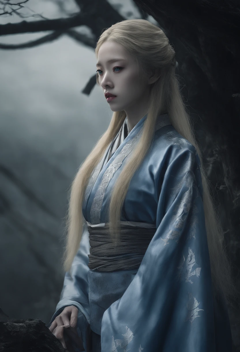 (masterpiece), high-definition Hanfu women, European and American face, perfect face, long blonde hair, blue eyes, very charming.