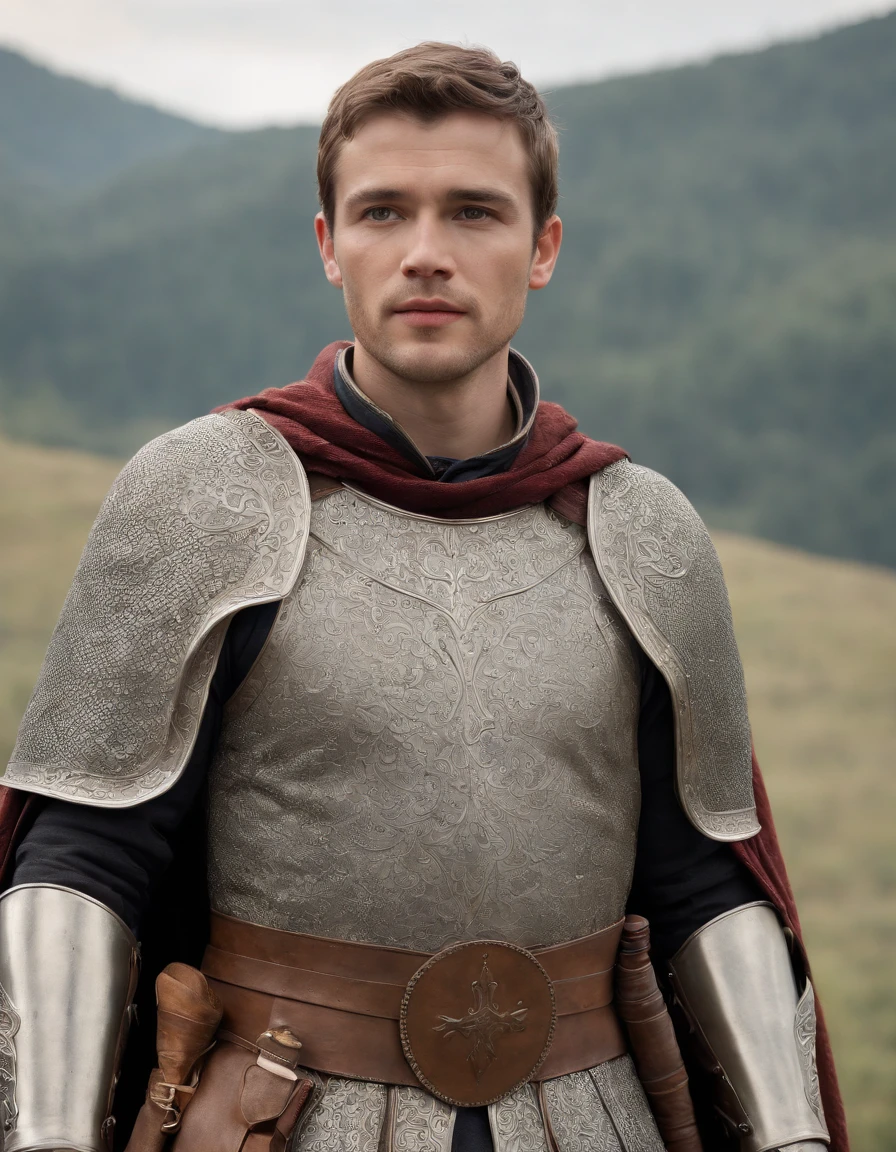 Cinematic portrait, ((upper body)), facing the audience, (Reality :1.3), the world's most beautiful artwork photo, a man looking into the camera, medieval costume, worn armor, cape, detailed beautiful face, action shot, (intricate :1.4), decadent, Ancient battlefield background, smoke, flames, photo realistic, CG, art station