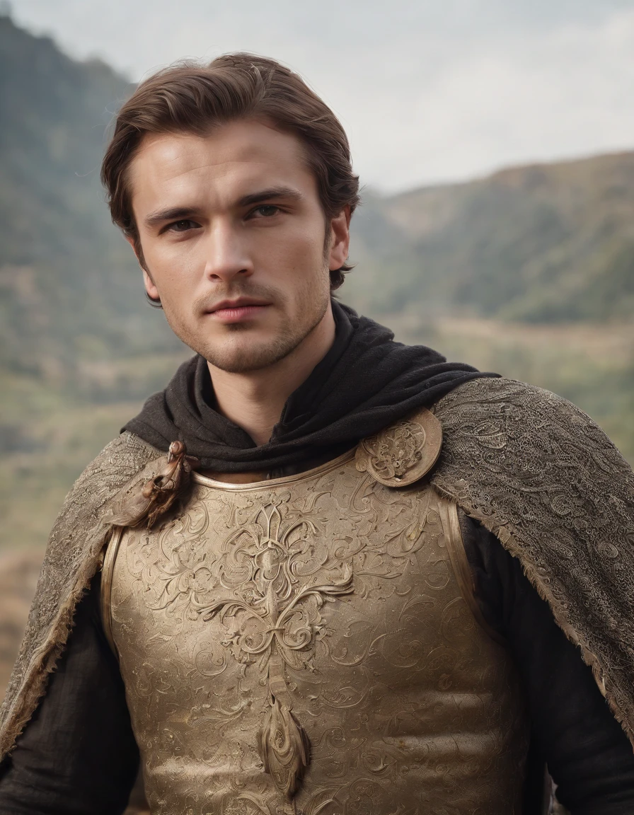 Cinematic portrait, ((upper body)), facing the audience, (Reality :1.3), the world's most beautiful artwork photo, a man looking into the camera, medieval costume, worn armor, cape, detailed beautiful face, action shot, (intricate :1.4), decadent, Ancient battlefield background, smoke, flames, photo realistic, CG, art station