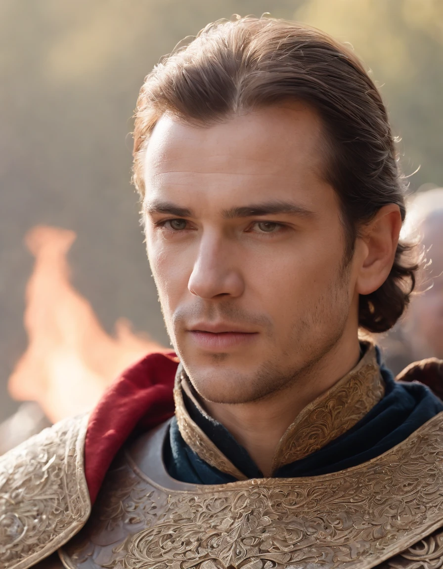 Cinematic portrait, ((upper body)), facing the audience, (Reality :1.3), the world's most beautiful artwork photo, a man looking into the camera, medieval costume, worn armor, cape, detailed beautiful face, action shot, (intricate :1.4), decadent, Ancient battlefield background, smoke, flames, photo realistic, CG, art station