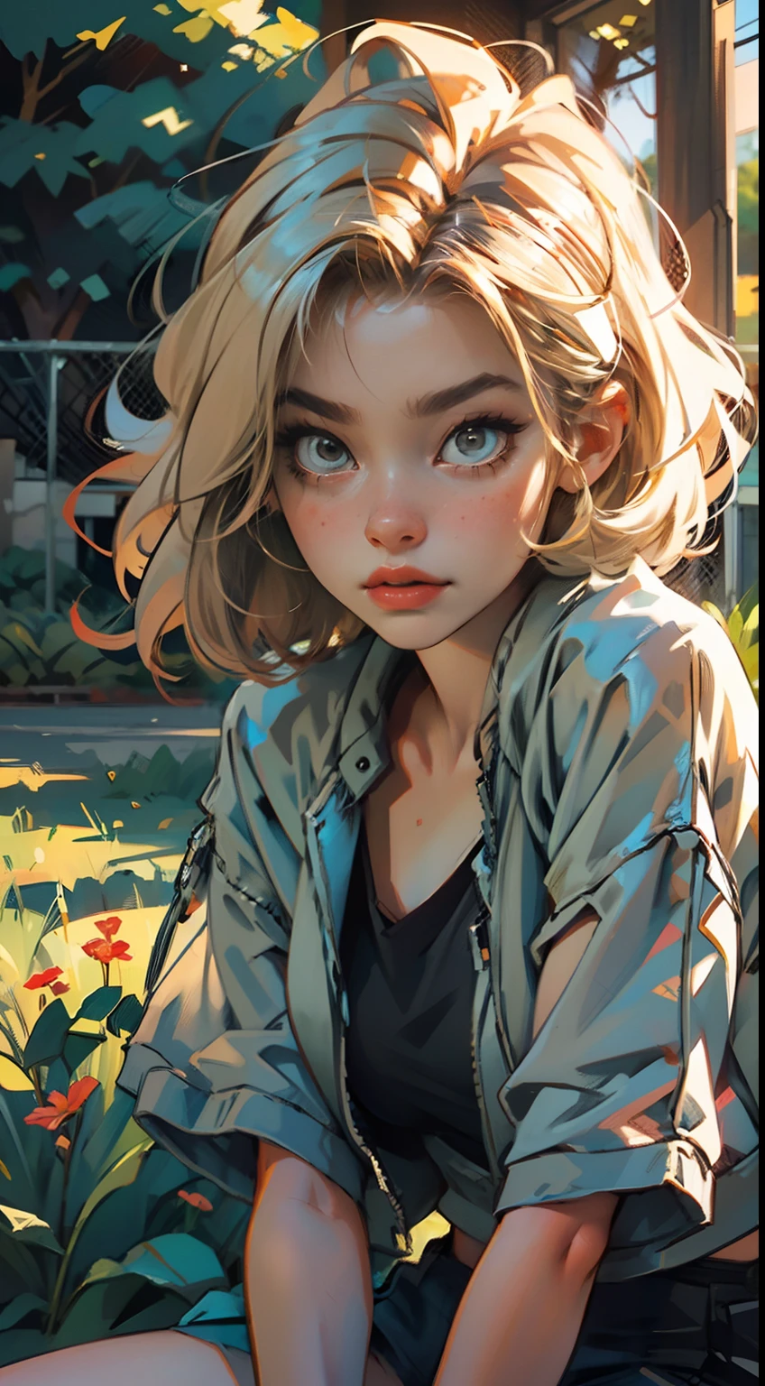 4K, high resolution, Best quality, Masterpiece, perfect, really warm colors, perfectly shaded, Perfect lighting, posted on e621, (by Jim Lee), masterpiece, digital paint, (close up, Cute girl, 20 years old, blond short hair ), sucking a lollipop, sitting in the grass in a hide park in London. 1990s \(style\),