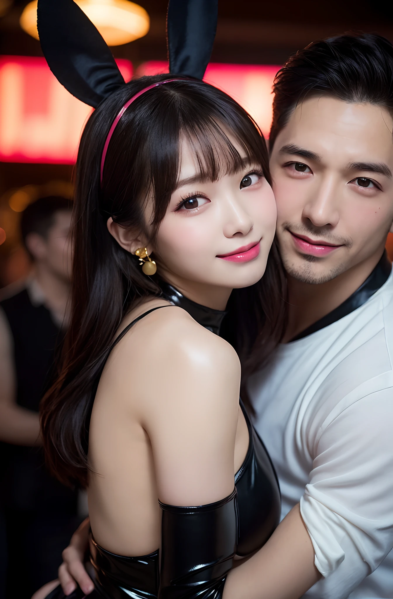 (masutepiece:1.4)、(top-quality:1.4)、(16k wallpaper:1.2)、(Photorealsitic:1.2)、(ultra-detailliert:1.2)、(超A high resolution:1.2)、super-detaild skin、Detailed and clean eyes、Neon light、Multiple men、(nightclubs:1.2)、(A man is rubbing my  :1.6)、(A man grabs my  :1.6)、Pink eye makeup、Natural Color Lip、Red cheeks、Japan 18-year-old woman、Black  Girl Costume、latex suit、(All Black  Earbands)、highleg leotard、Black stockings、Semi-long bob hair、large full 、Happy smile、Panting face、Lacking、Golden earrings、  pose、clean legs、Crowd of men、Nice Body、Five Fingers