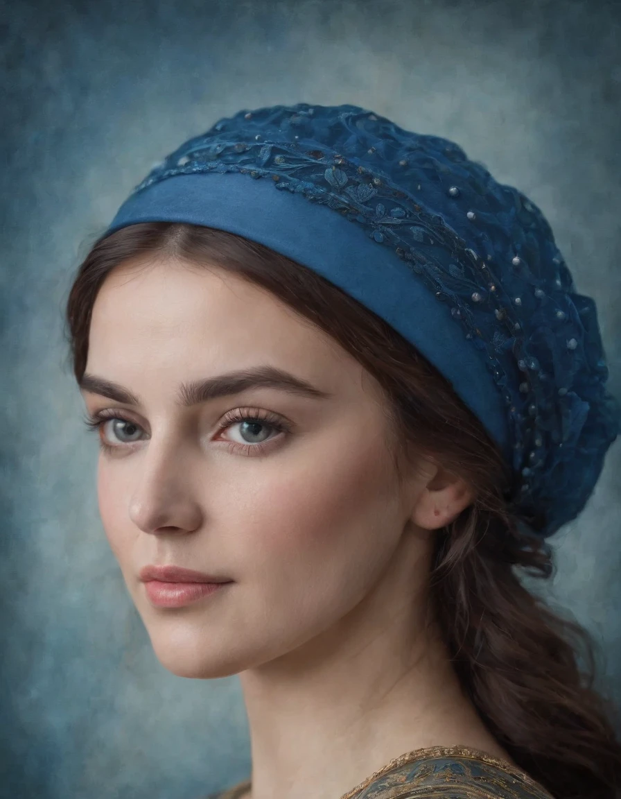 woman in blue hat, in the style of detailed atmospheric portraits, wet-on-wet blending, dusseldorf school of photography, ottoman art, realistic marine paintings, dotted, pre-raphaelitism,upper body