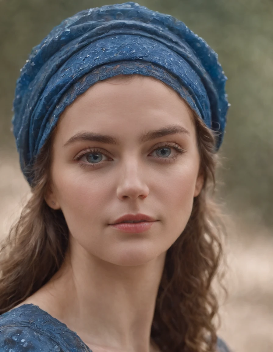 woman in blue hat, in the style of detailed atmospheric portraits, wet-on-wet blending, dusseldorf school of photography, ottoman art, realistic marine paintings, dotted, pre-raphaelitism,upper body