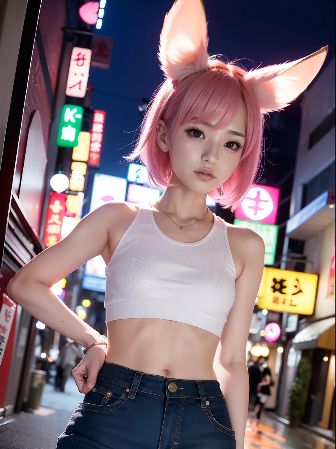 Night city、Street speeches、Spread your legs and open them、Wearing jeans pants、Under the streetlight、In the middle of the intersection、BIGsize Y shirt、Pink short cut hair、Pink hair color、Pink rabbit ears stick out of the head、Japan women、K-POP、kawaii faces、Small underwear、masutepiece、Crystal clear white skin、M-shaped legs、A pink-haired、Beautiful rabbit woman、Healthy five-fingered not ragged、Number of normal fingers、small tits、Shortcut Bob、M-shaped legs、不快感のないAnatomically correct number of fingers、Beautiful nose、beautidful eyes、posterior view、Raise your ass and street、Pink short cut hair、(8K, top-quality, masterpiece:1.2), (realisitic, Photorealsitic:1.37)、cute little、report、(A smile:1.15)、(smil)、tiny chest、(short-hair:1.2)、masuter piece、ピンクのShortcut Bob、realisiticなウサギの耳、ピンクのrealisiticなウサギの耳、頭から突き出ているウサギのrealisiticな耳、Pink hair、A beautiful girl with a bewitching atmosphere、Beautiful shaped hands、K-POP、Pink rabbit ears、1 girl in、report、masterpiece、top-quality、realisitic、Hyper-detailing、absurderes、短いA pink-haired、Slender beauties、动态照明、hight resolution、foco nítido、depth of fields、(thick thight:1.0)、A slender :1.2,((Shortcut Bobの髪))、((k pop:1.3)),Highly detailed facial and skin texture、((魅惑的)),Anatomically correct number of fingers,Correct anatomy