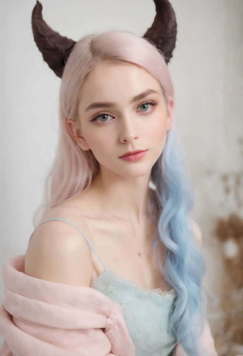 Macaron color scheme,a beautiful masterpiece photo,upper body, real picture of a girl, She is half-bat, and has long bat ears, and a fluffy neck scarf, She has bat wings on her back The colors are pastel and muted,The color palette consists mostly of yellow, blue and pink, she has blonde hair with blue streaks styled in buns