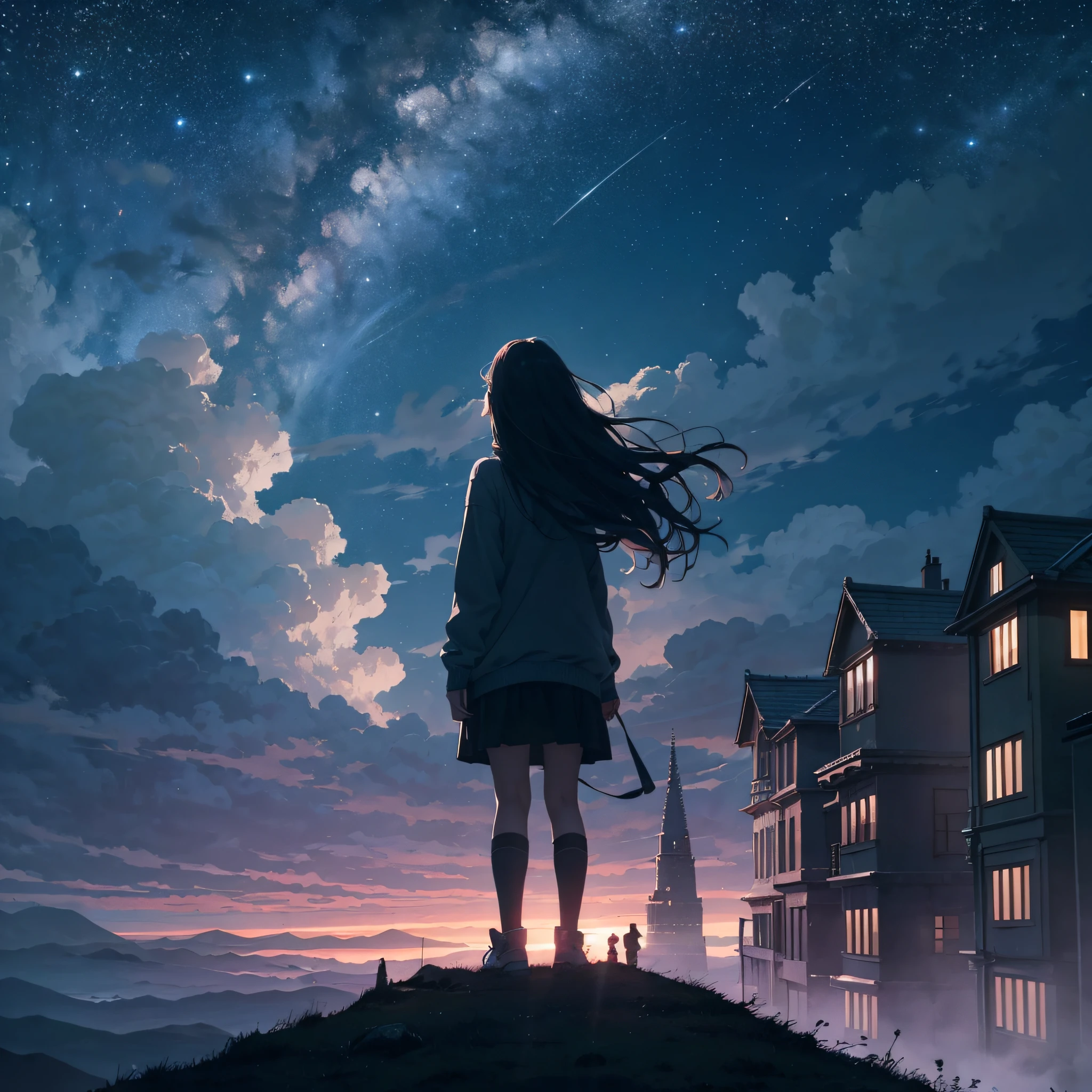 octans, skye, Star (skye), scenery, Starry sky, night time, 1girl, Standing,night  sky, 独奏, exteriors, building, Cloud, the Milky Way, , a tree, Long hair, City, silhouette, urban landscape