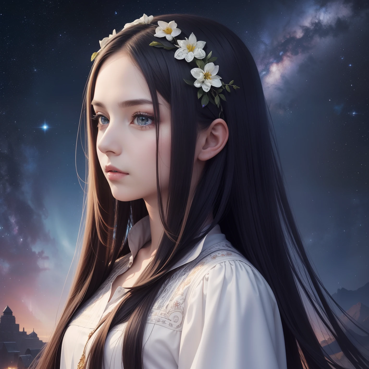 Semi-portrait, top-quality, ​masterpiece, No super high, (photos realistic: 1.4), surrealist, Oneirik, 1 35-year-old girl, absurdly long hair, starrysky, natta, stele, Galaxy, florals,