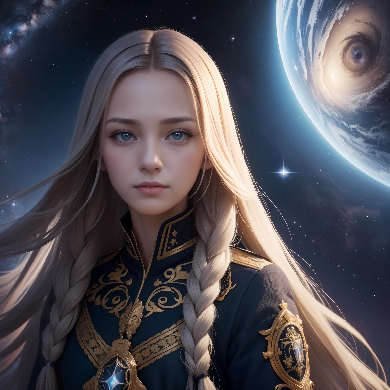 Semi-portrait, top-quality, masterpiece, No super high, (photos realistic: 1.4), surrealist, Oneirik, 1 35-year-old girl, absurdly long hair, starrysky, natta, stele, Galaxy, florals,